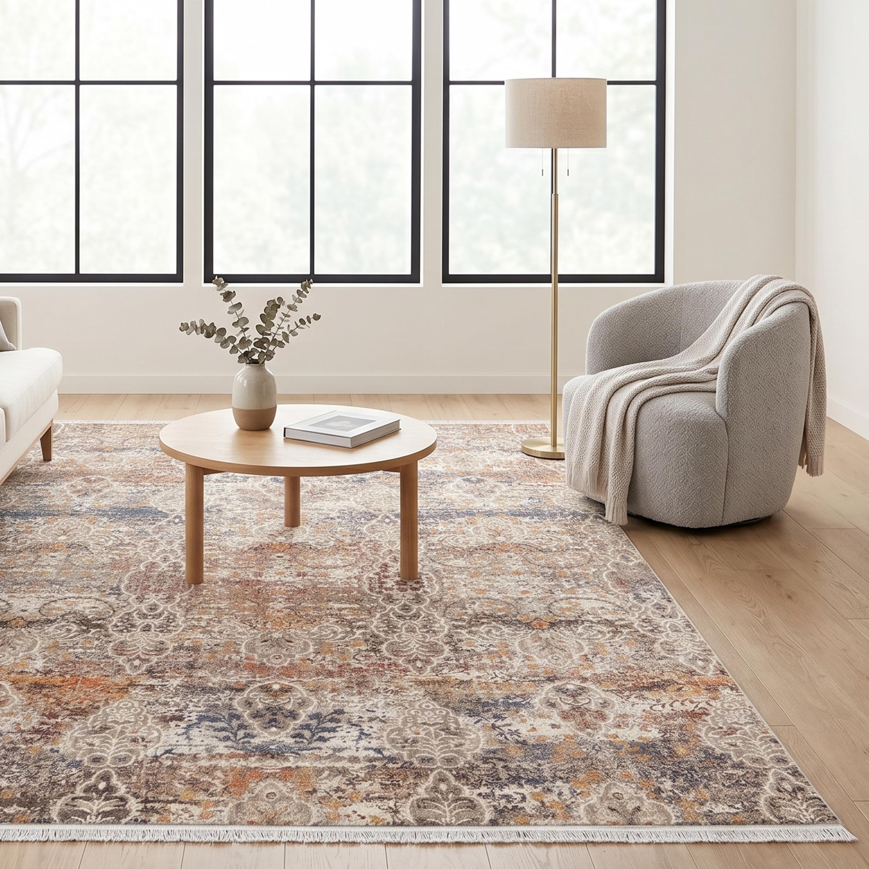 Distressed Oriental Area Rug, Beige Grey Blue Machine Made Carpet, Modern Farmhouse Style