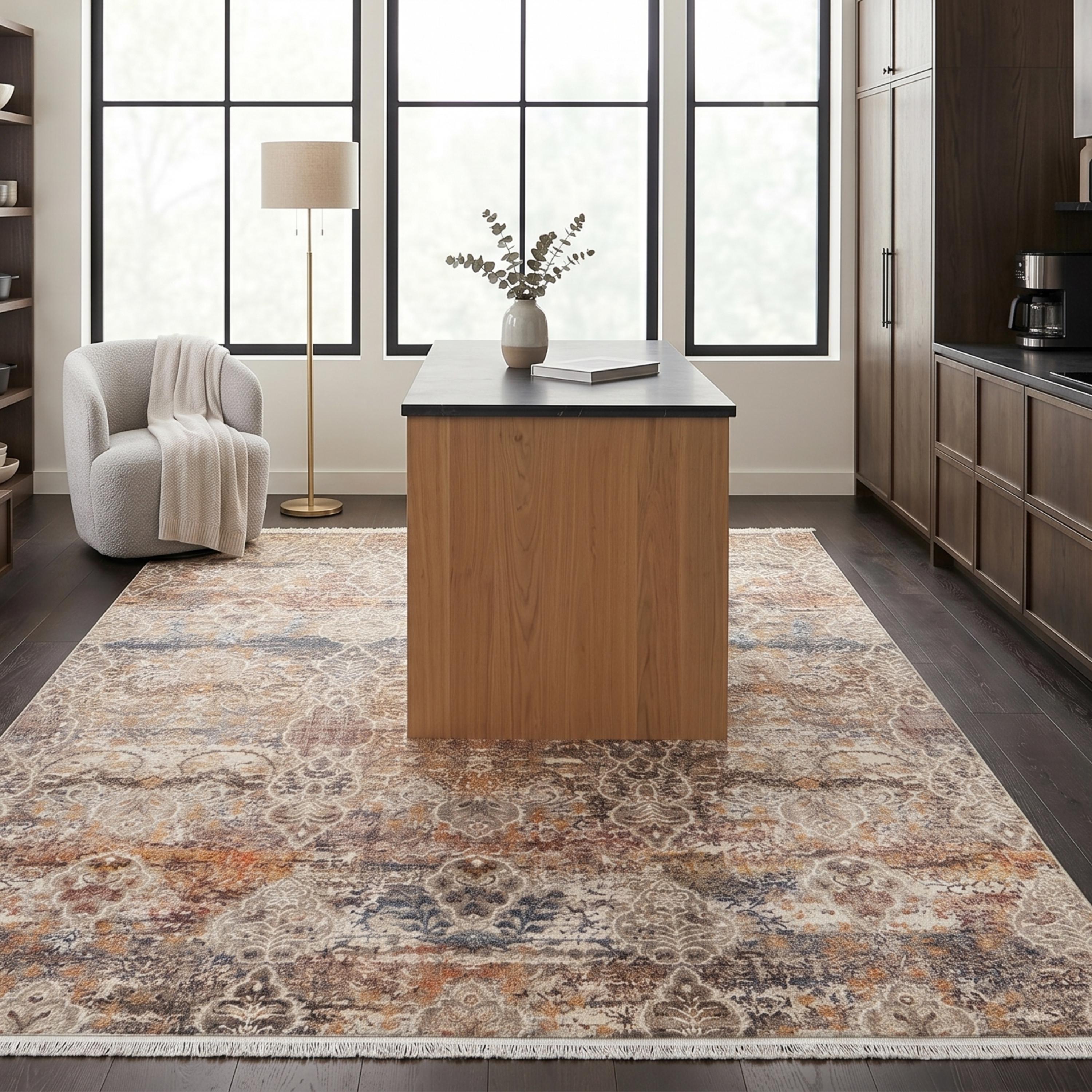 Distressed Oriental Area Rug, Beige Grey Blue Machine Made Carpet, Modern Farmhouse Style