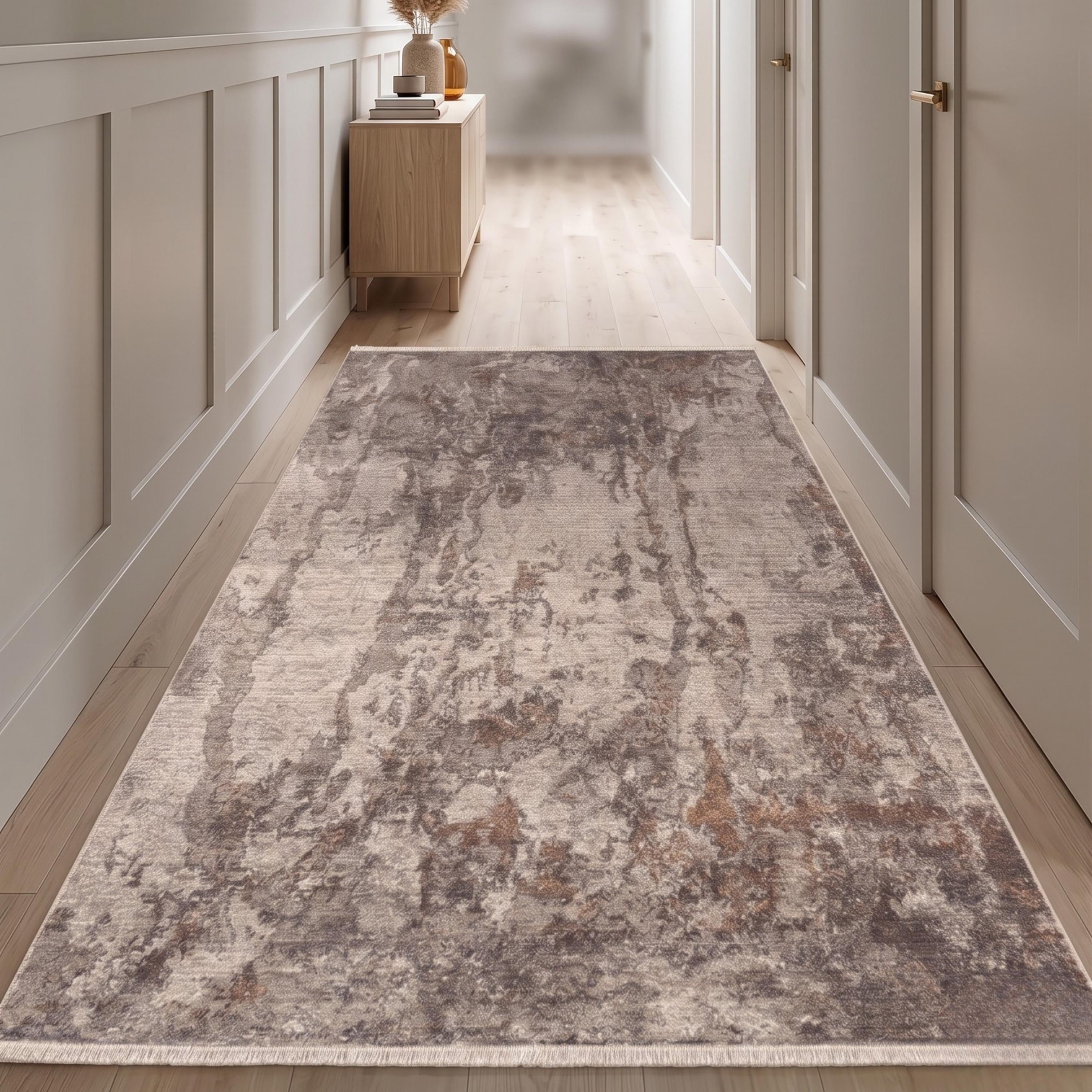 Machine Made Abstract Area Rug, Soft Neutral Tones, Modern Bedroom Carpet