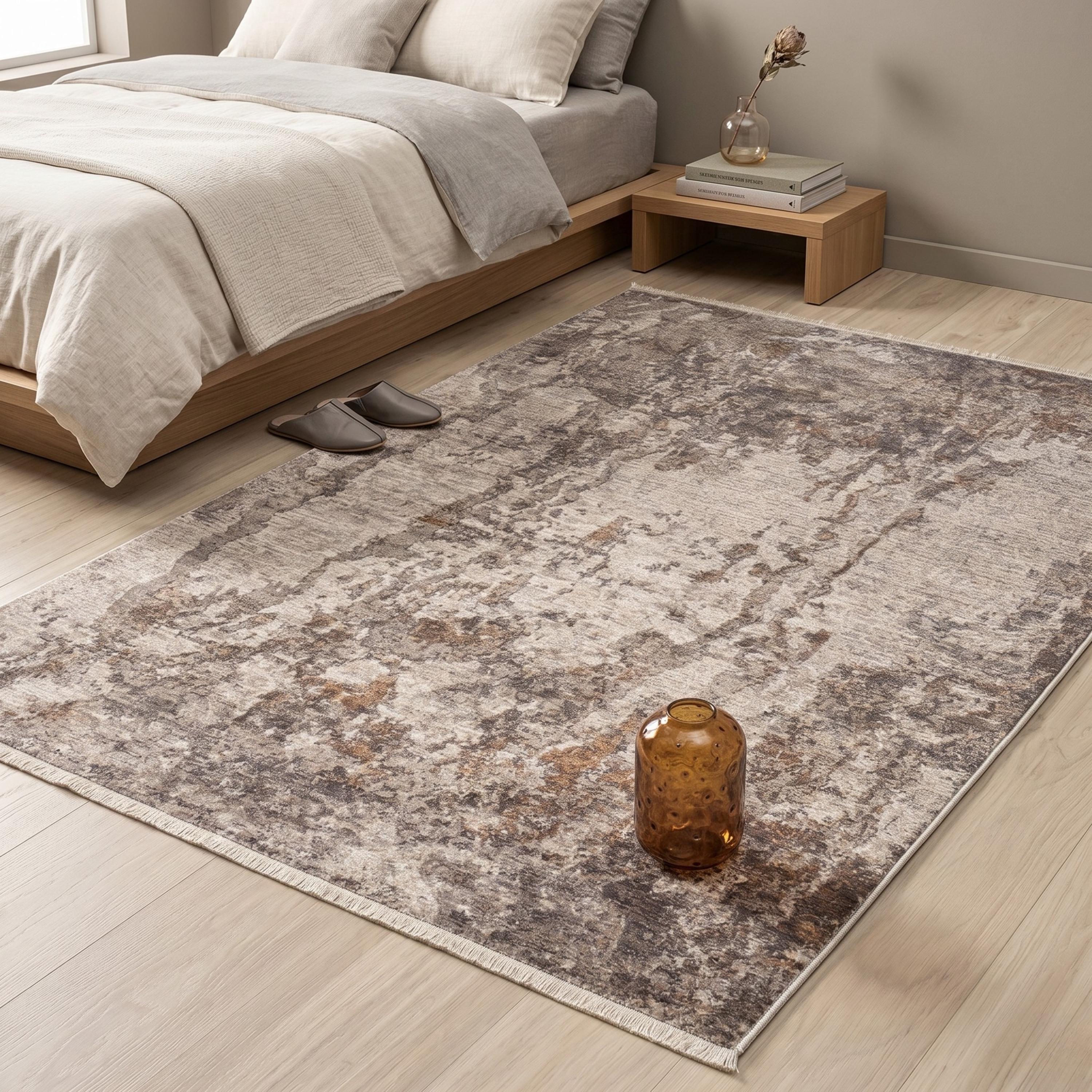 Machine Made Abstract Area Rug, Soft Neutral Tones, Modern Bedroom Carpet