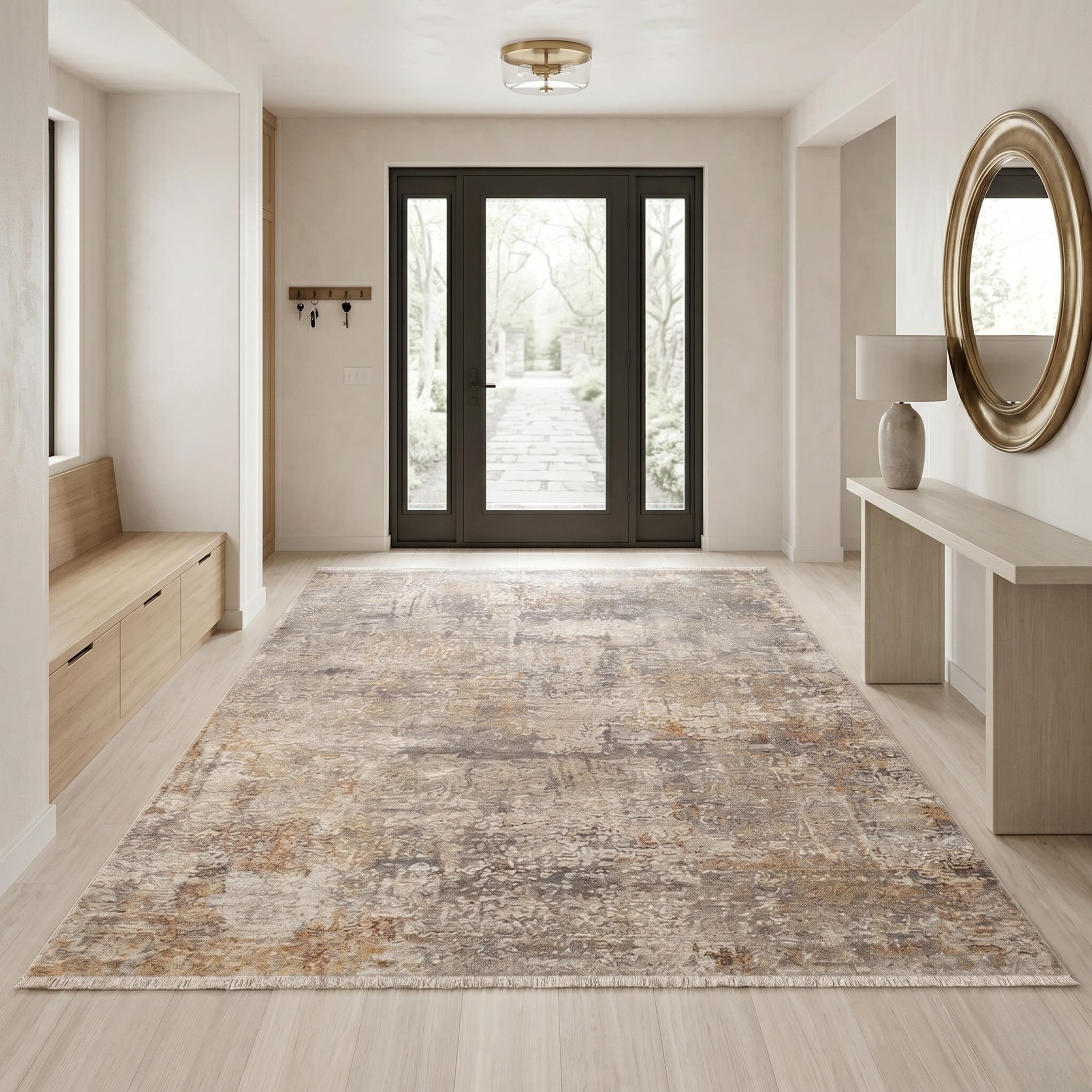 Machine Made Abstract Area Rug, Distressed Neutral Tones, Modern Living Room Carpet