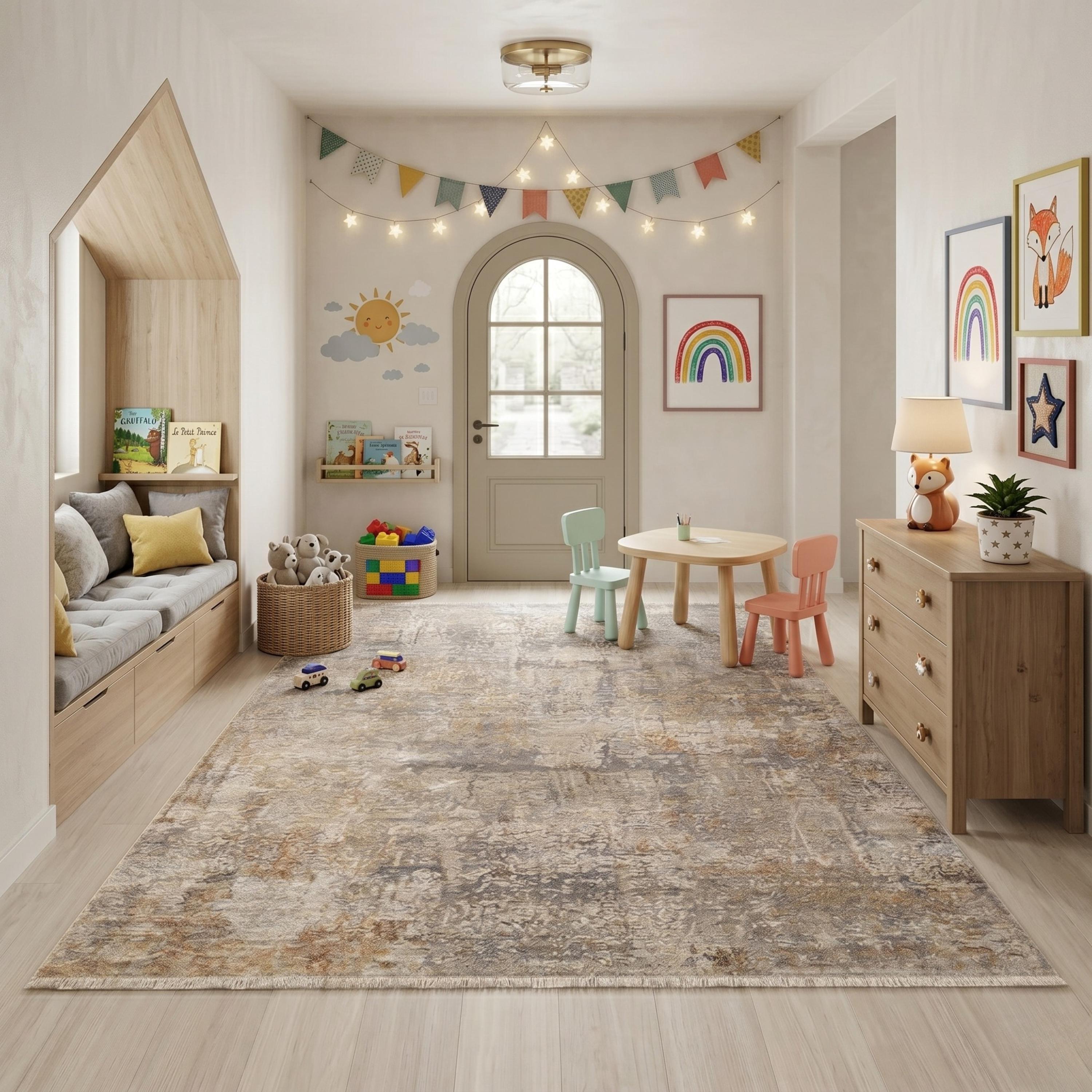 Machine Made Abstract Area Rug, Distressed Neutral Tones, Modern Living Room Carpet
