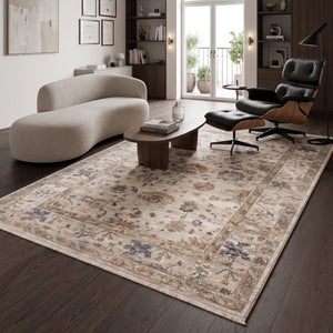 Cream Beige Oriental Floral Area Rug, Neutral Living Room Carpet
