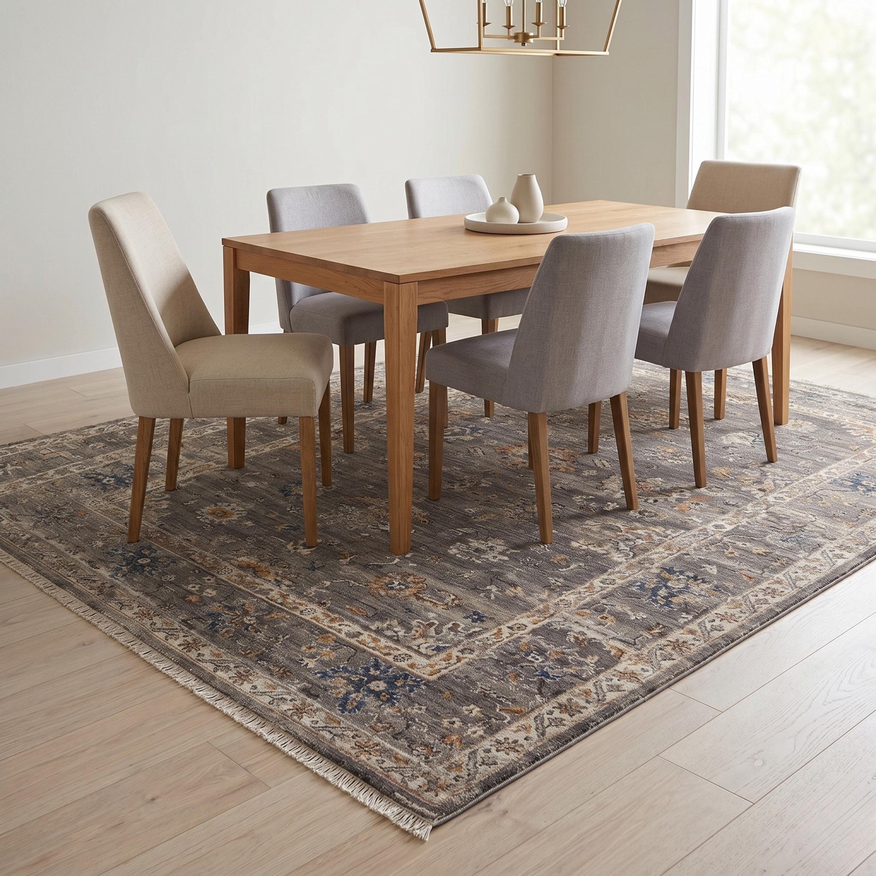 Dark Grey Oriental Floral Area Rug, Traditional Living Room Carpet