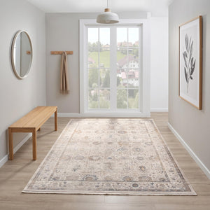 Cream Beige Oriental Floral Area Rug, Soft Traditional Fringe Living Room Carpet