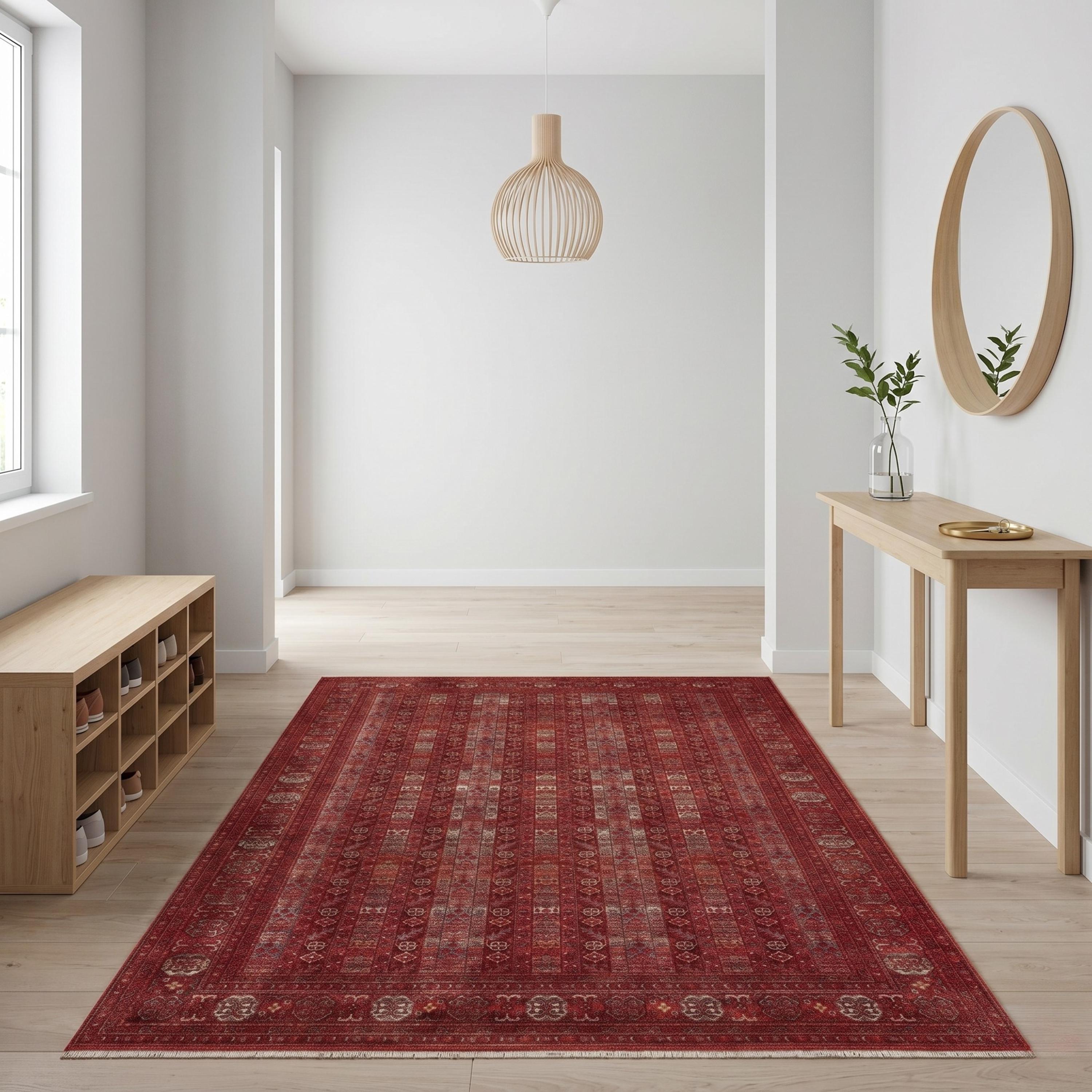 Red Oriental Area Rug, Distressed Traditional Carpet, Boho Living Room Floor Rug