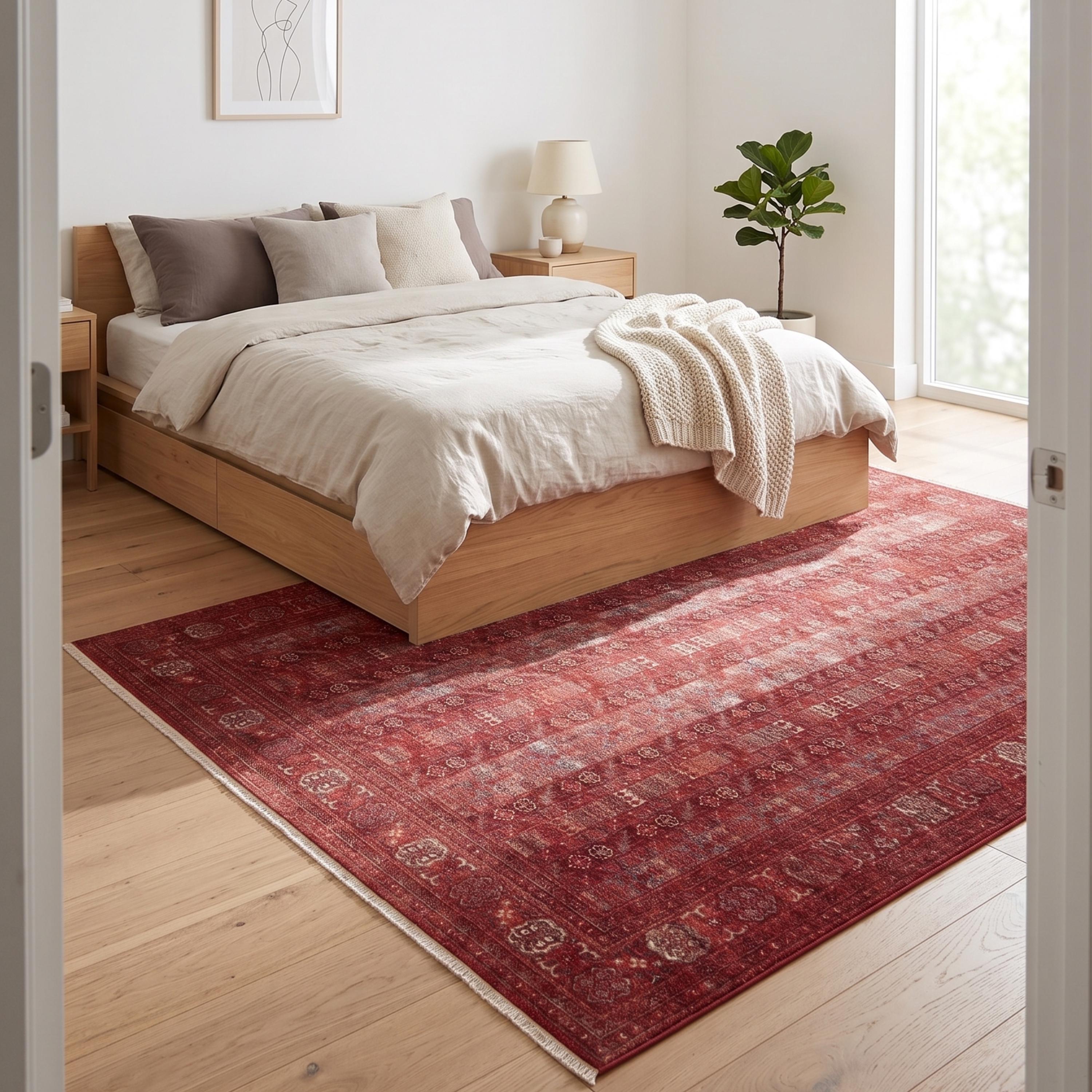 Red Oriental Area Rug, Distressed Traditional Carpet, Boho Living Room Floor Rug