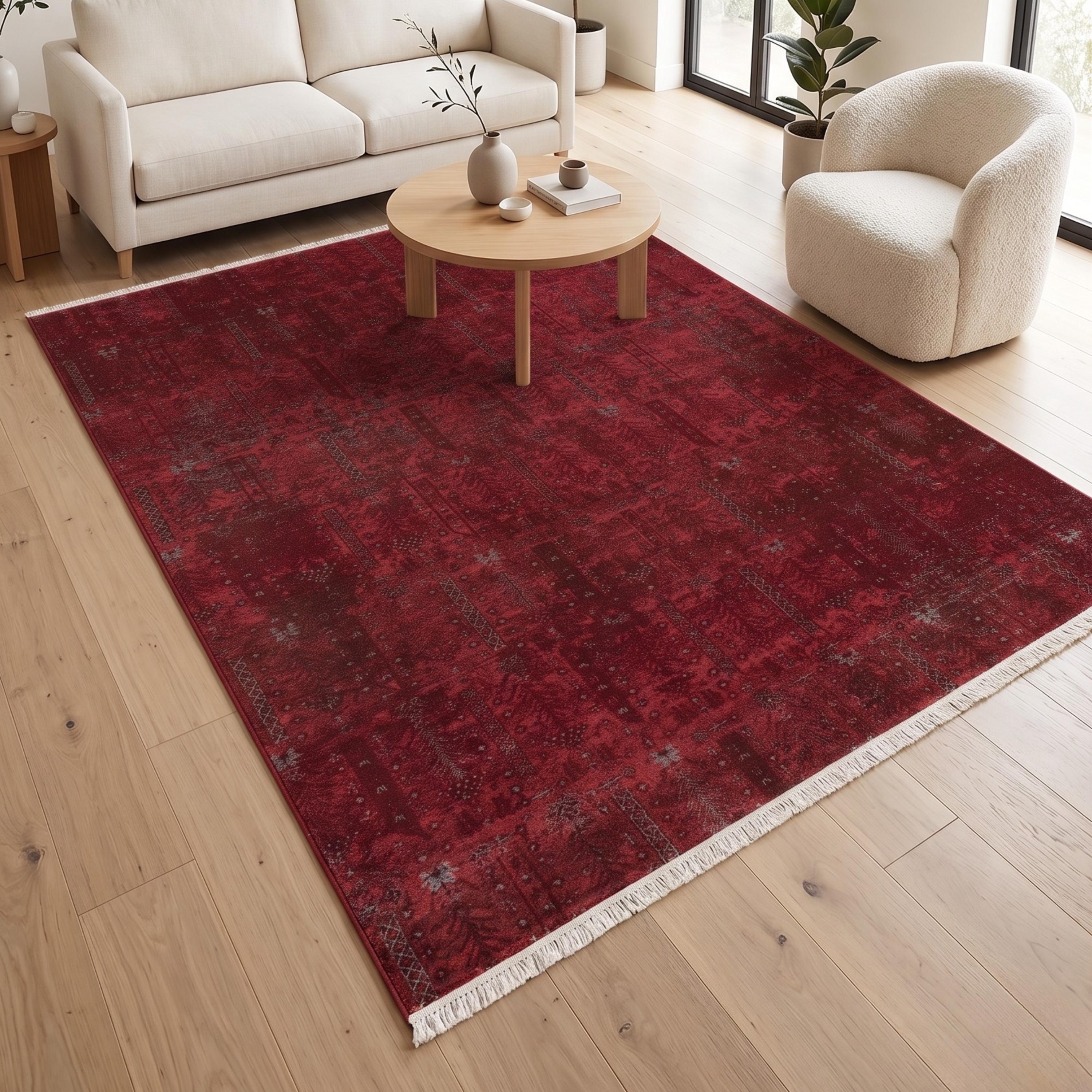 Distressed Abstract Red Area Rug, Machine Made Burgundy Fringe Carpet