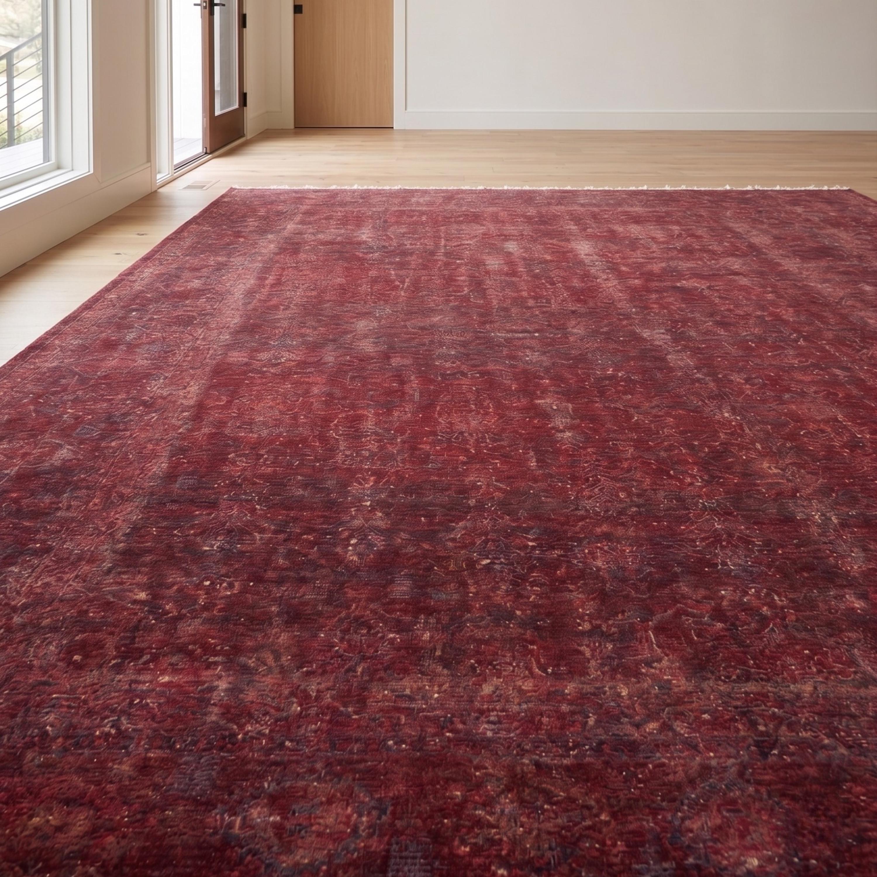 Distressed Oriental Area Rug, Machine Made Burgundy Traditional Carpet