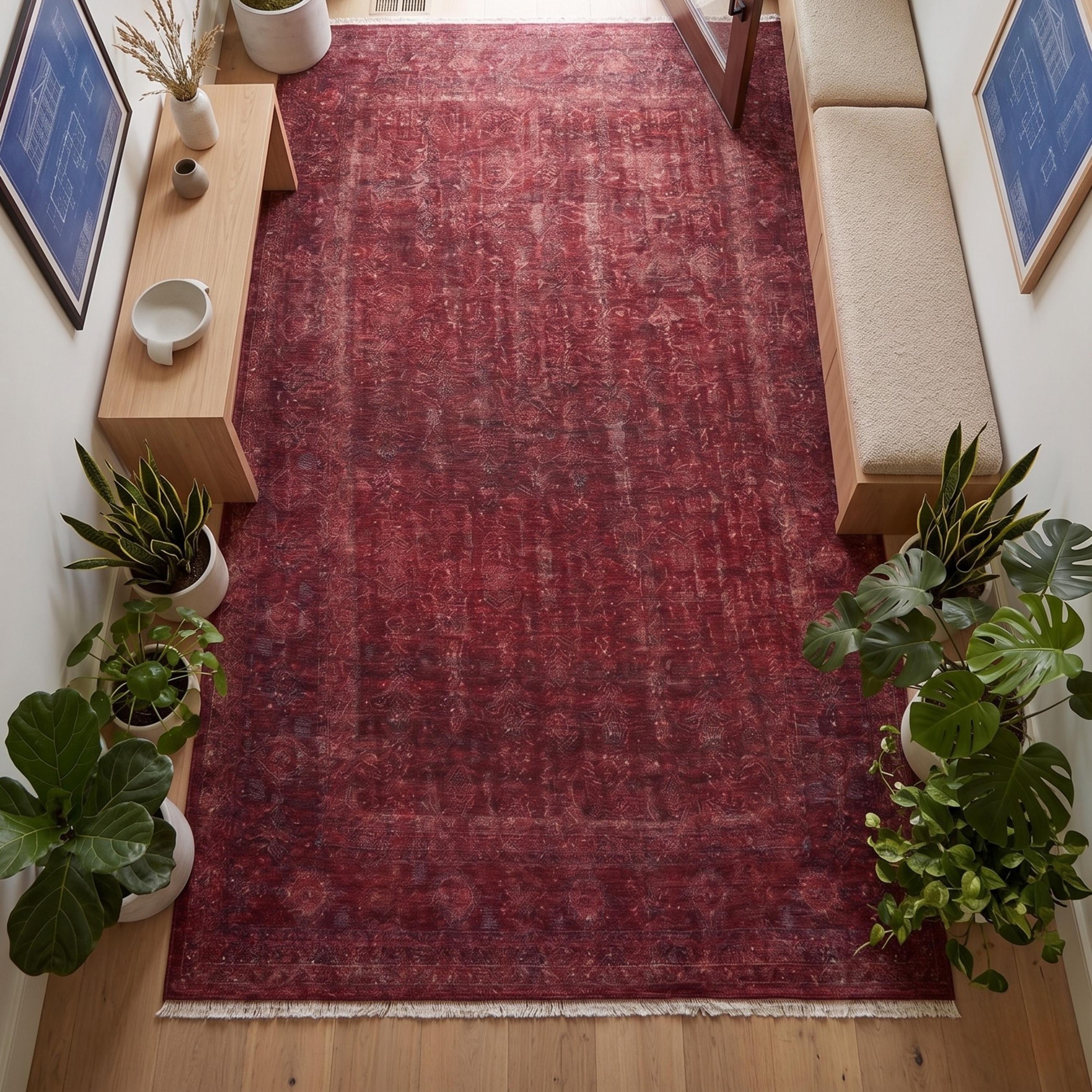Distressed Oriental Area Rug, Machine Made Burgundy Traditional Carpet