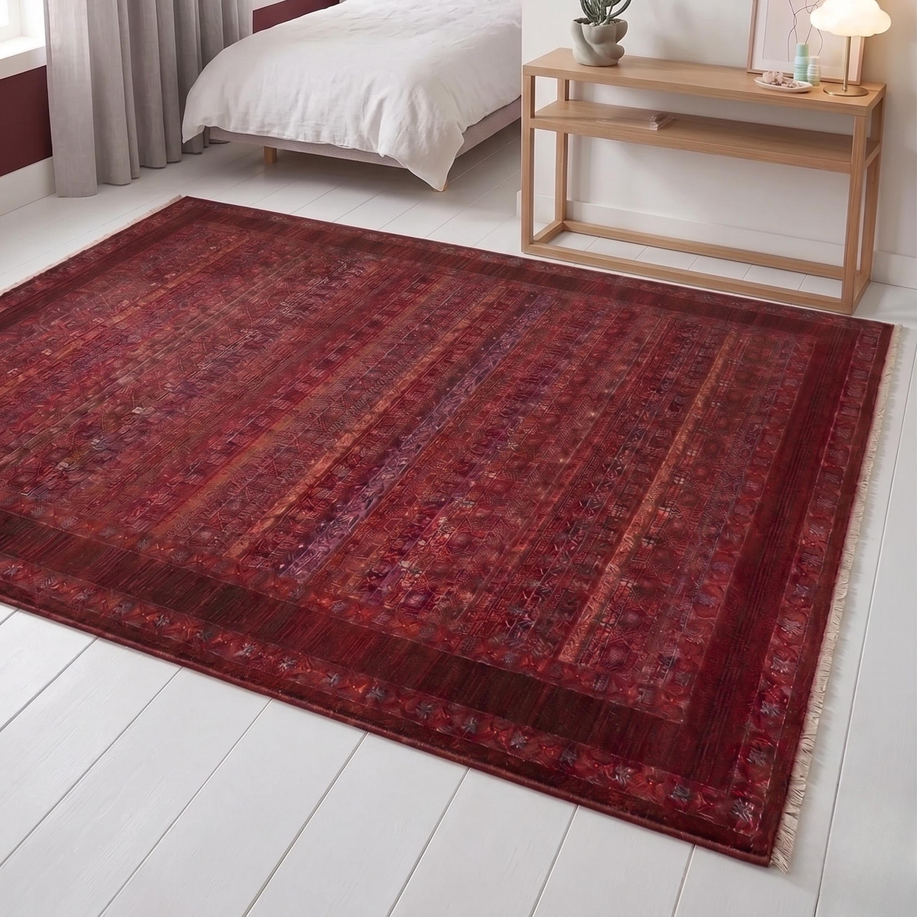 Machine Made Oriental Red Area Rug, Traditional Persian Boho Carpet