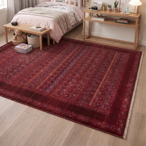 Machine Made Oriental Red Area Rug, Traditional Persian Boho Carpet