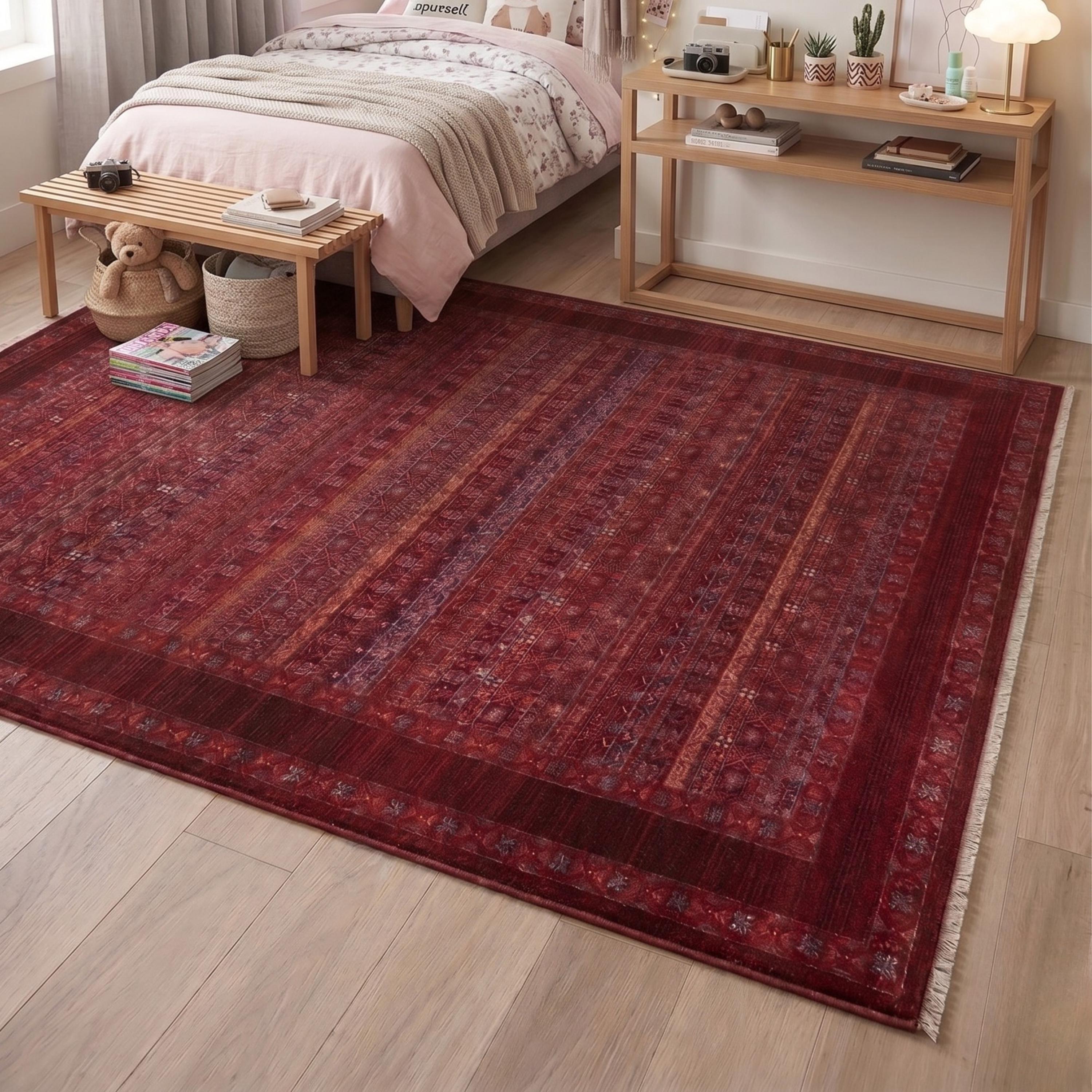 Machine Made Oriental Red Area Rug, Traditional Persian Boho Carpet