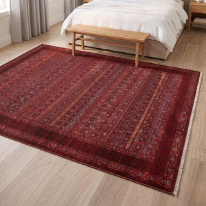 Machine Made Oriental Red Area Rug, Traditional Persian Boho Carpet