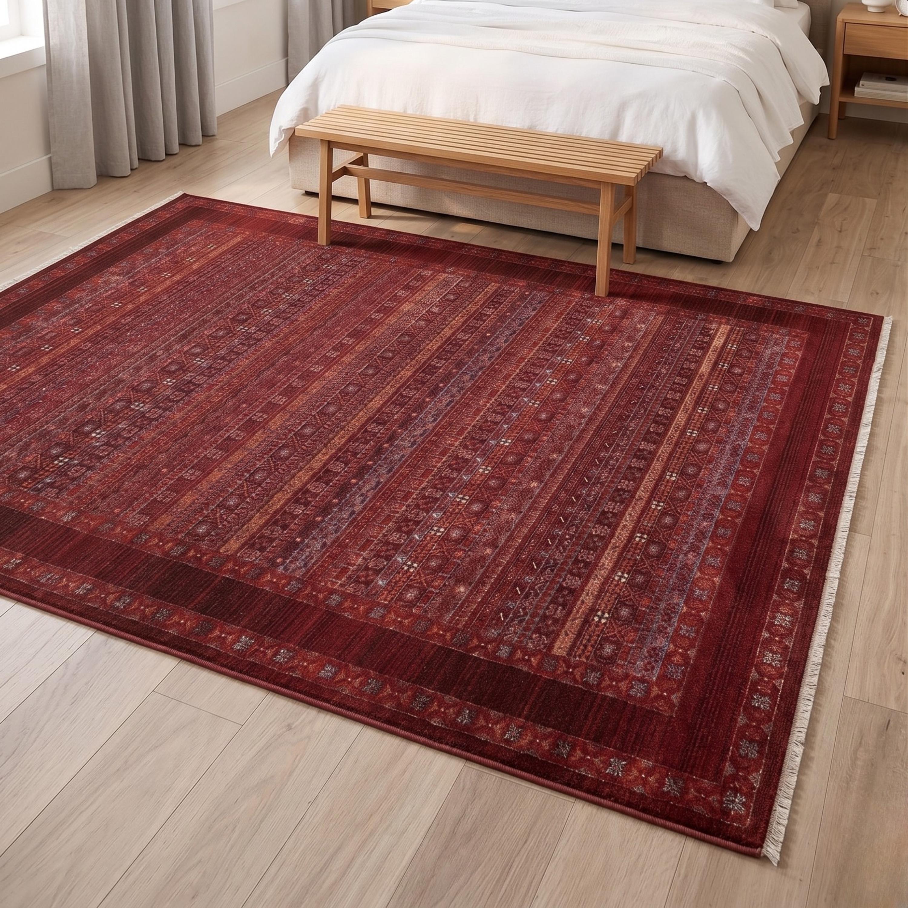 Machine Made Oriental Red Area Rug, Traditional Persian Boho Carpet