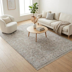 Distressed Grey Beige Area Rug, Neutral Modern Farmhouse Carpet, Soft Living Room Floor Rug