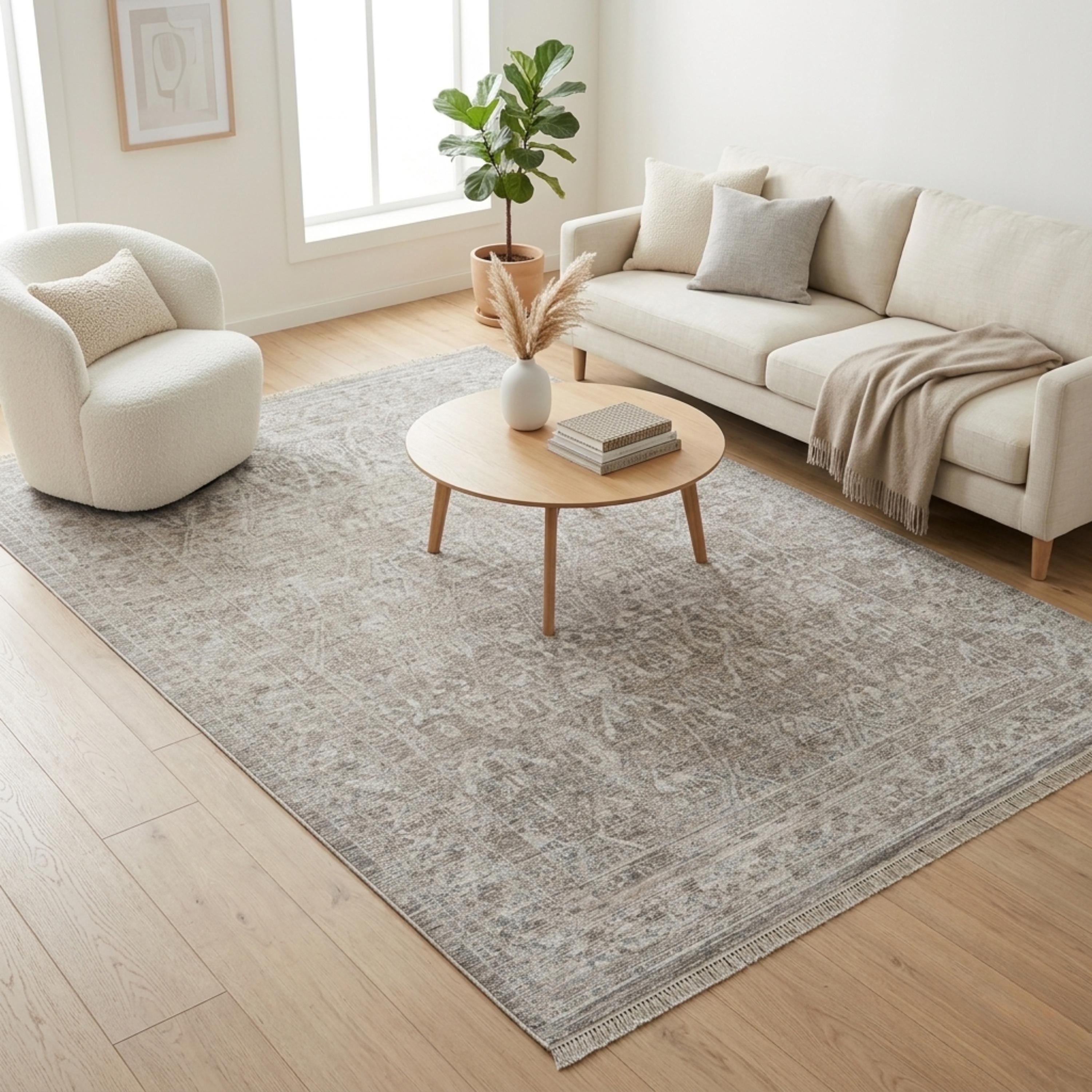 Distressed Grey Beige Area Rug, Neutral Modern Farmhouse Carpet, Soft Living Room Floor Rug