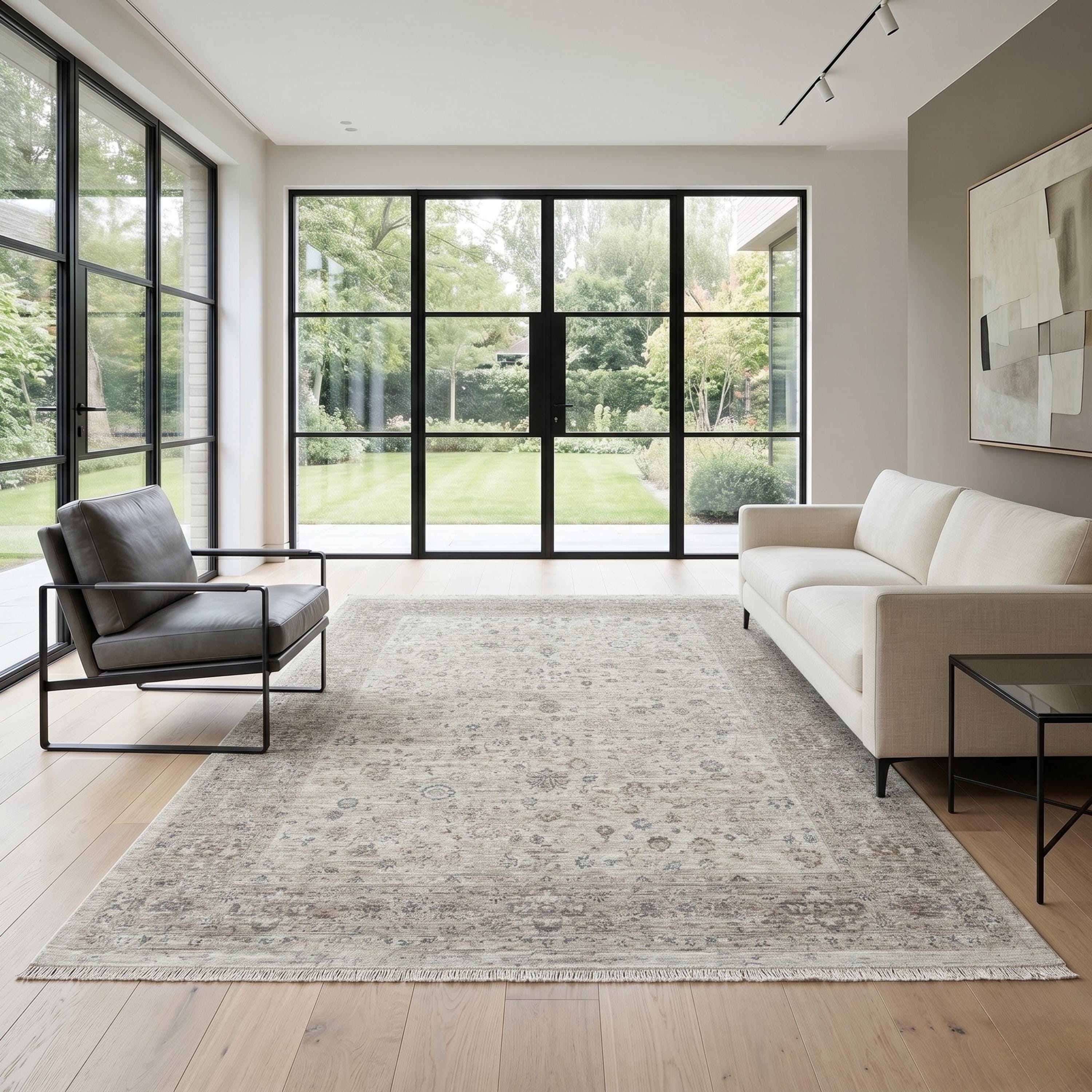 Distressed Traditional Area Rug, Beige Grey Living Room Carpet, Soft Neutral Tones