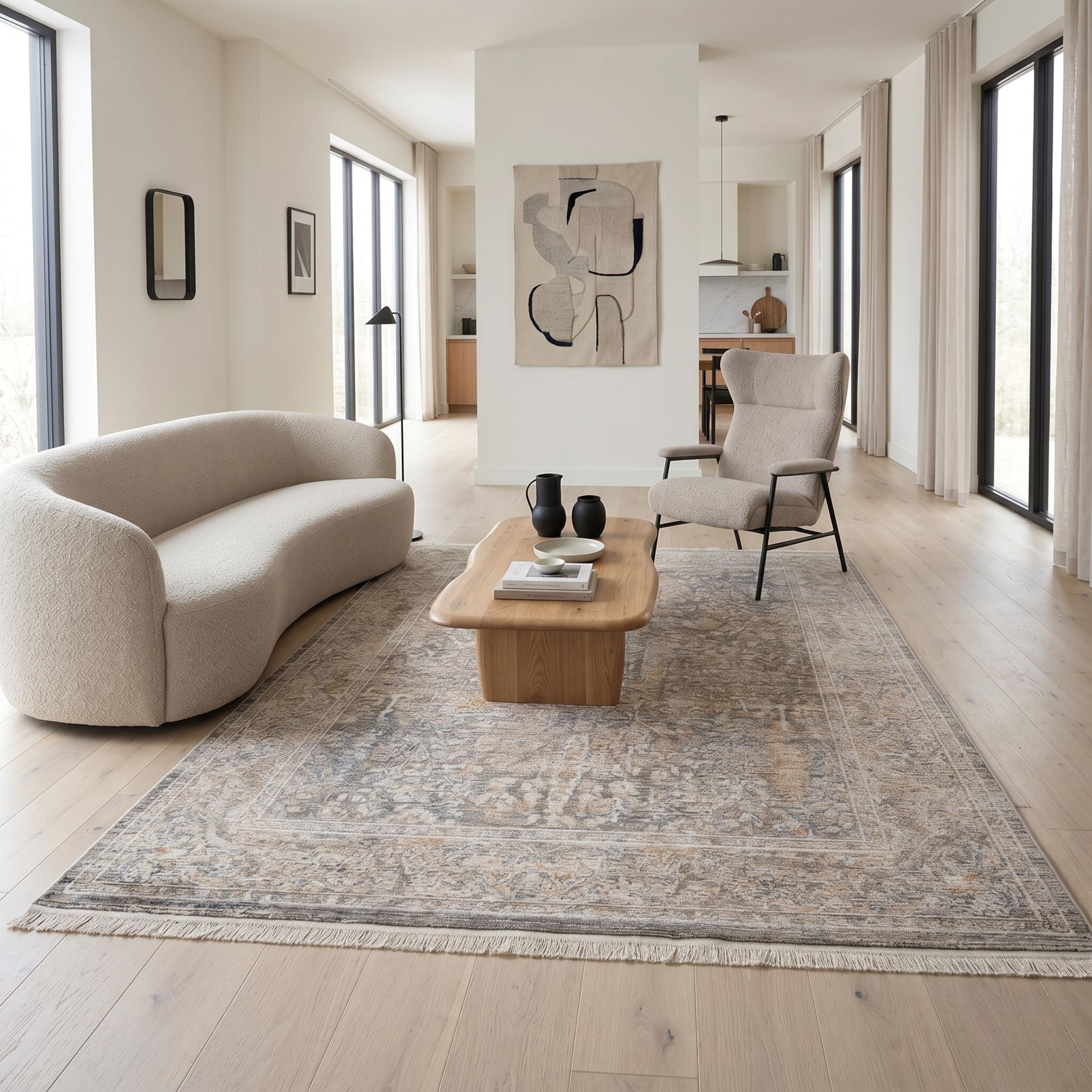 Distressed Beige Area Rug, Vintage Style Living Room Carpet, Soft Grey Ivory Pattern