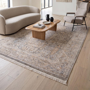 Distressed Beige Area Rug, Vintage Style Living Room Carpet, Soft Grey Ivory Pattern