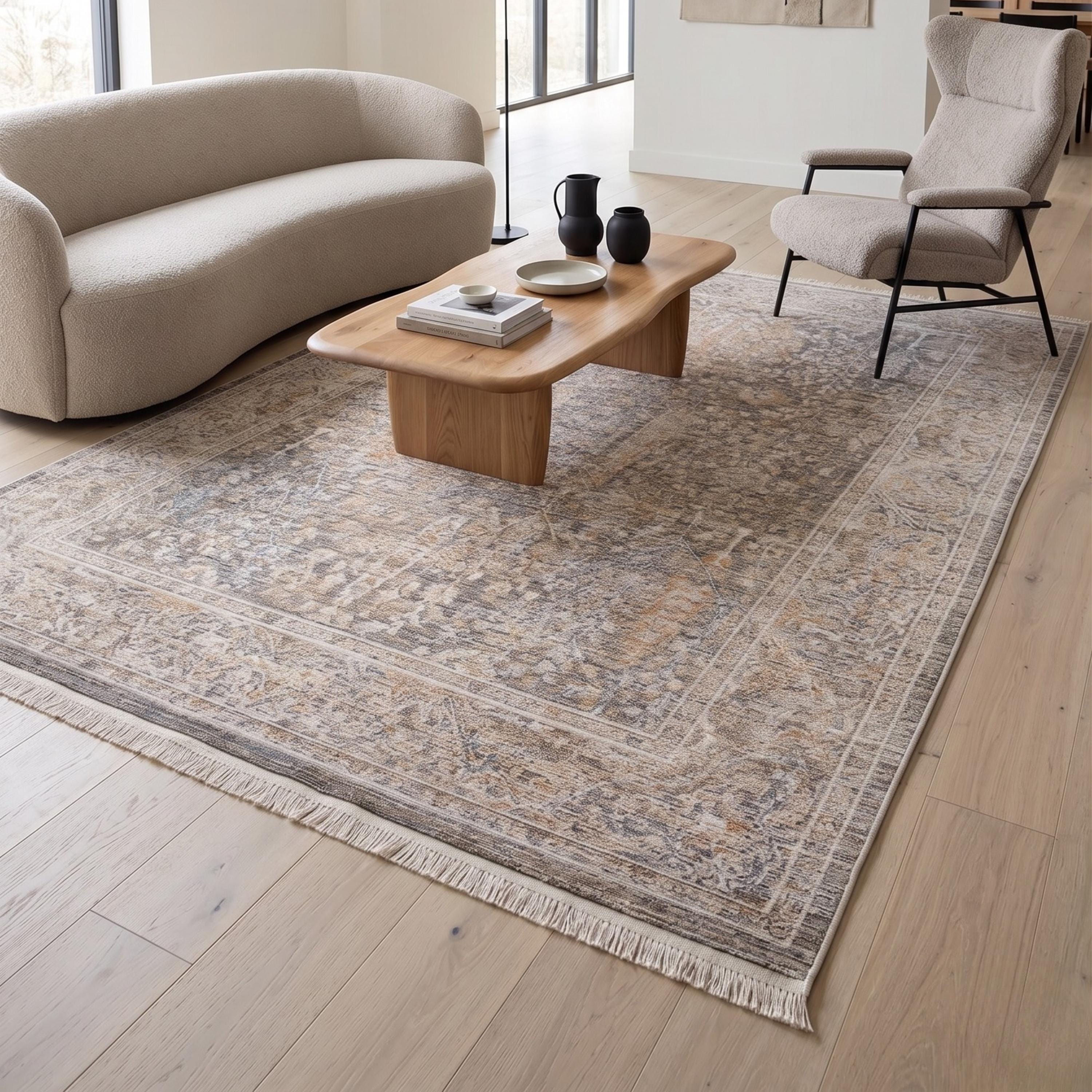 Distressed Beige Area Rug, Vintage Style Living Room Carpet, Soft Grey Ivory Pattern