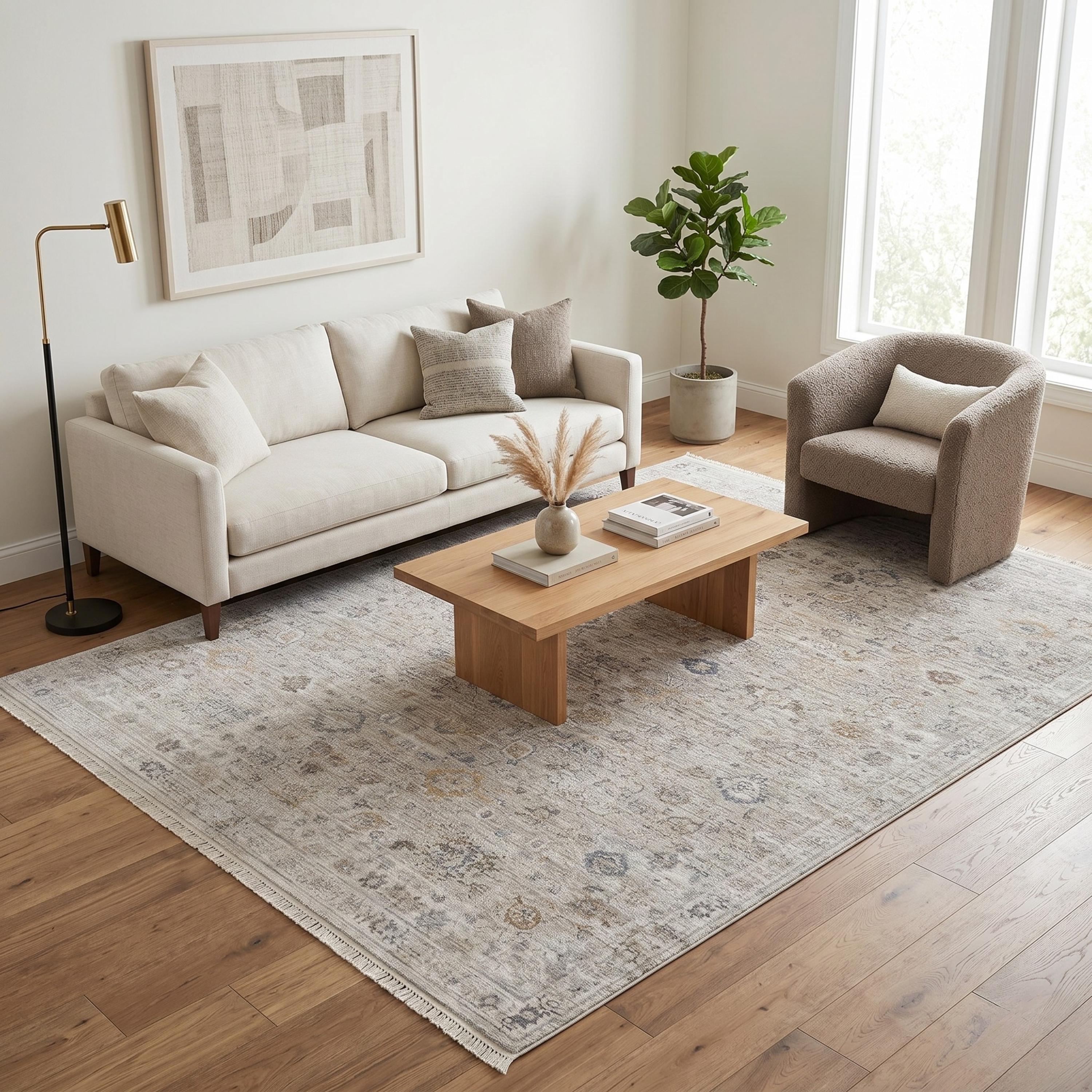 Neutral Oriental Distressed Area Rug, Beige Ivory Living Room Carpet, Farmhouse Style