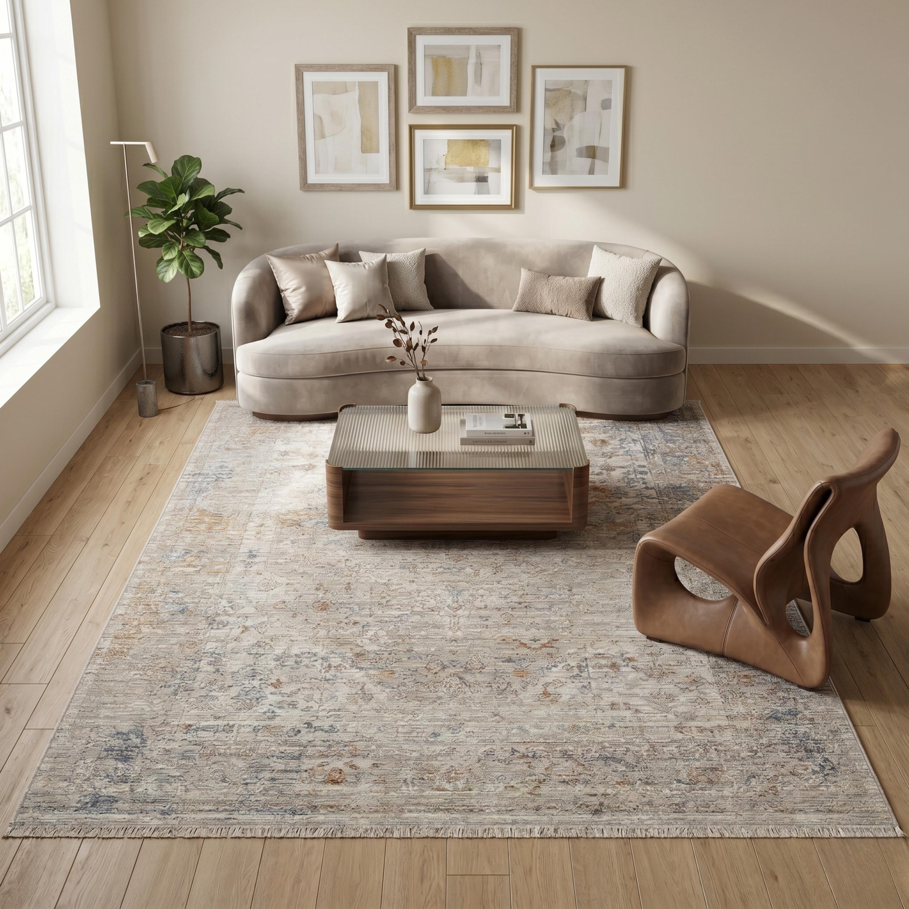 Distressed Traditional Area Rug, Beige Ivory Pattern Carpet, Soft Elegant Floor Runner