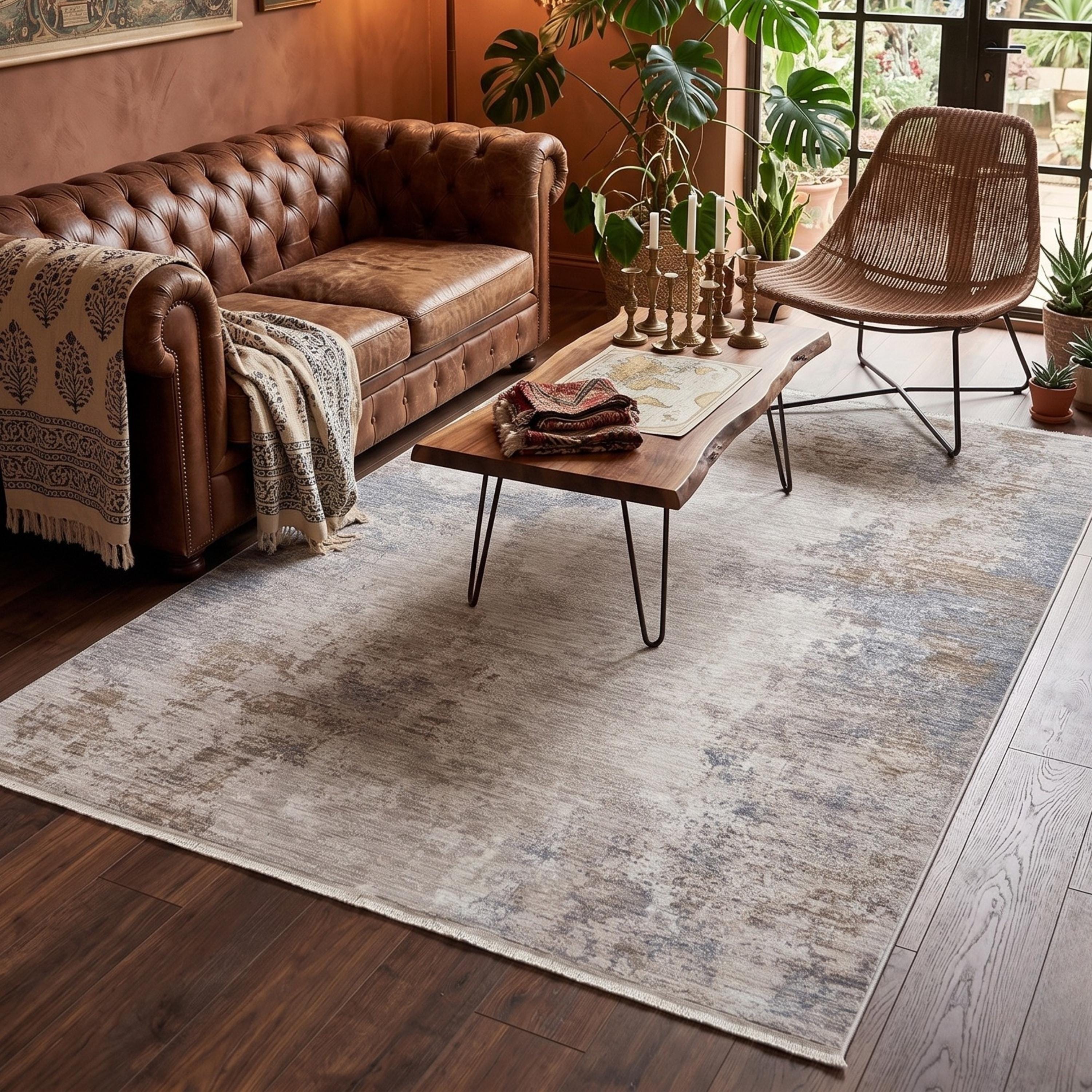 Neutral Abstract Area Rug, Beige Gray Distressed Modern Living Room Carpet