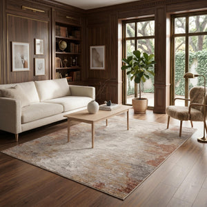 Rust Beige Abstract Distressed Area Rug, Modern Neutral Living Room Carpet