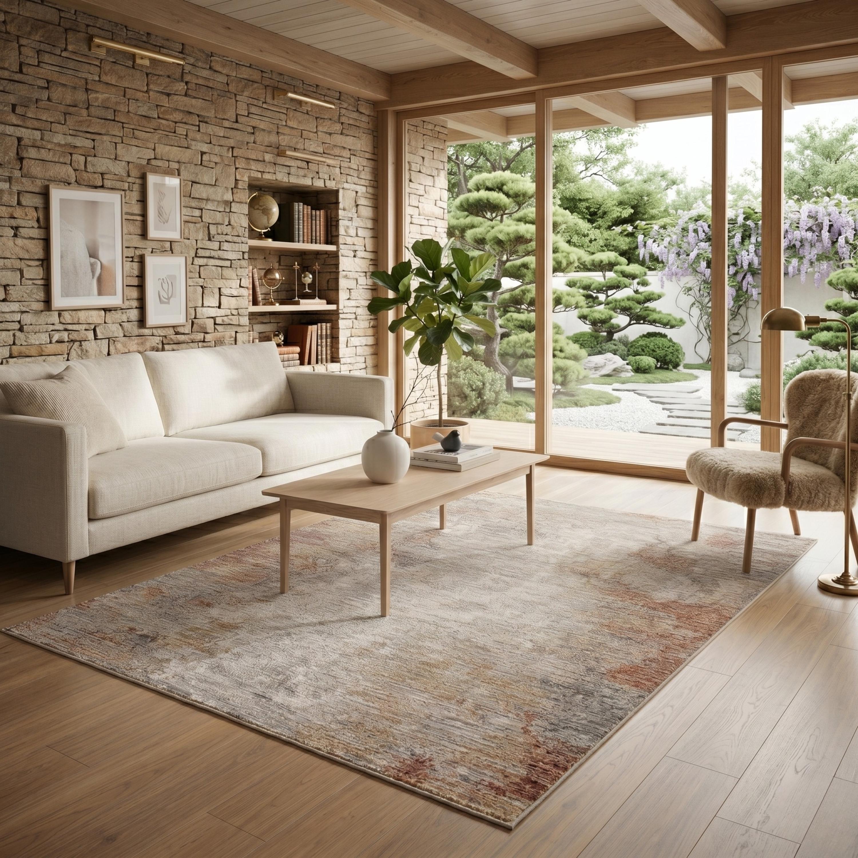 Rust Beige Abstract Distressed Area Rug, Modern Neutral Living Room Carpet