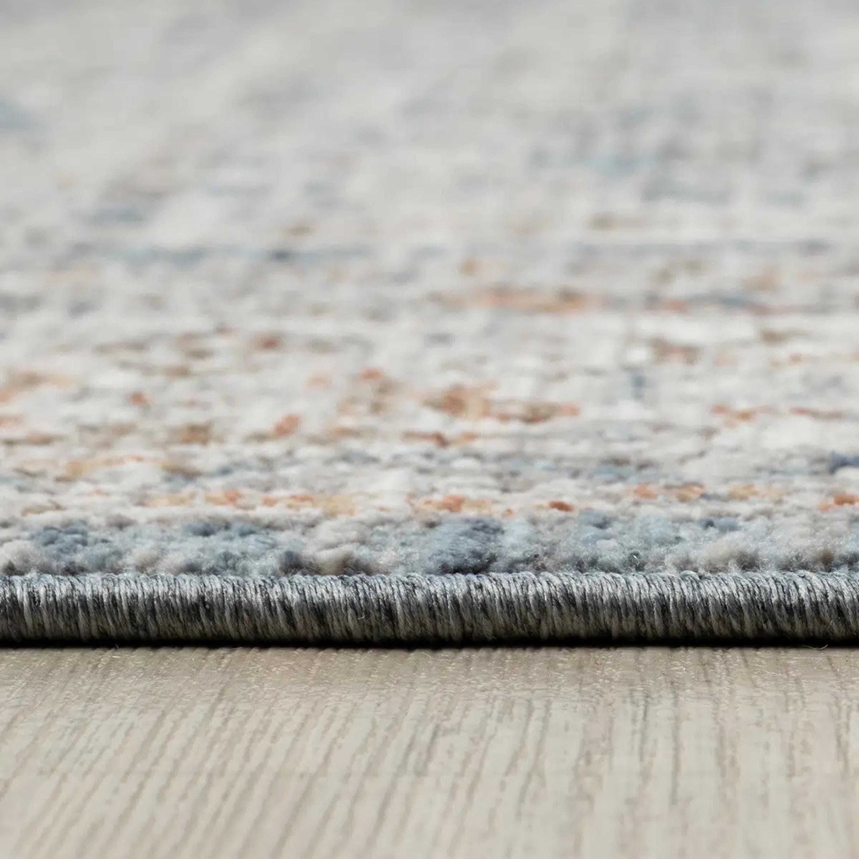 Distressed Oriental Area Rug, Blue Beige Vintage Style Living Room Carpet