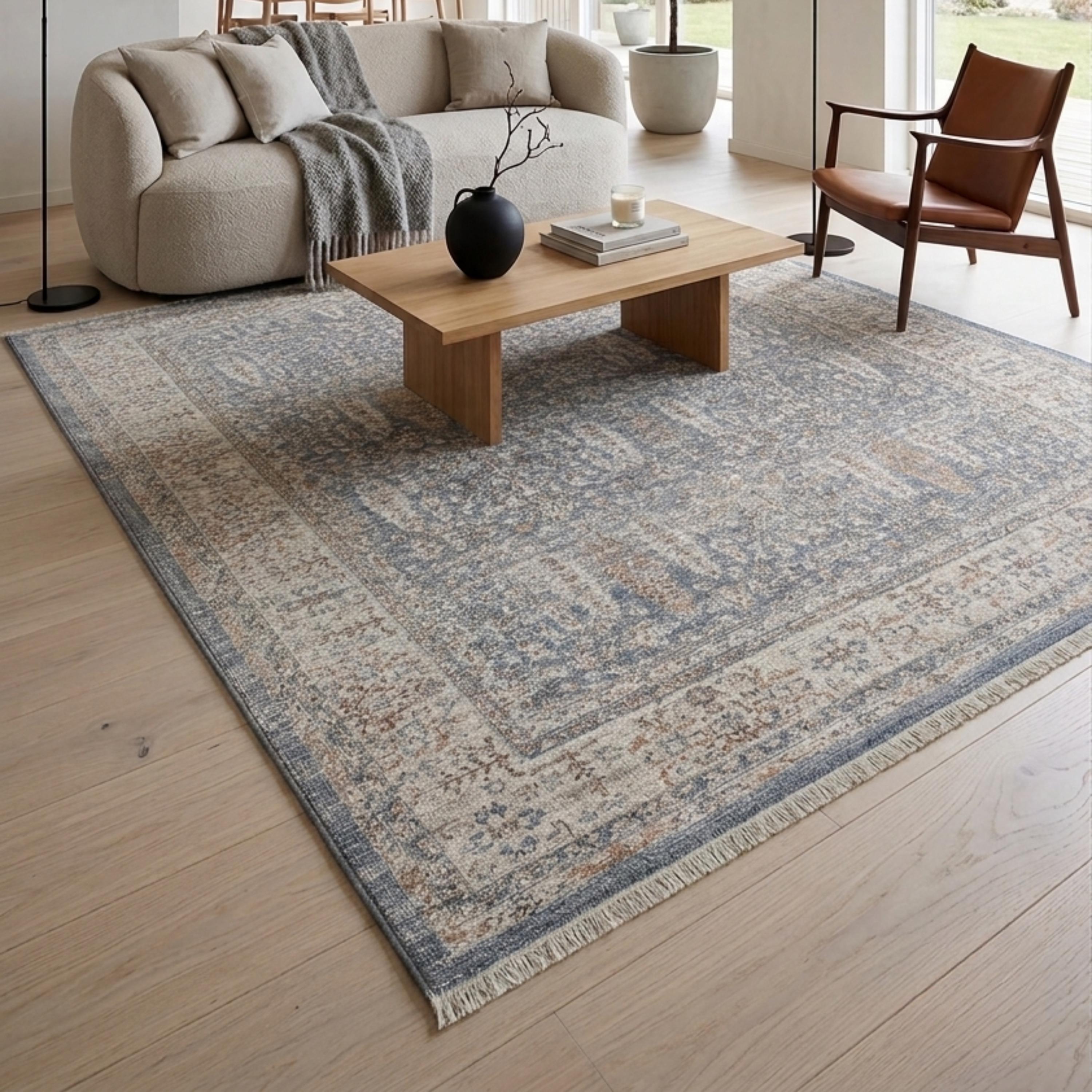 Distressed Oriental Area Rug, Blue Beige Vintage Style Living Room Carpet