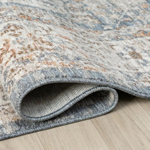 Distressed Oriental Area Rug, Blue Beige Vintage Style Living Room Carpet