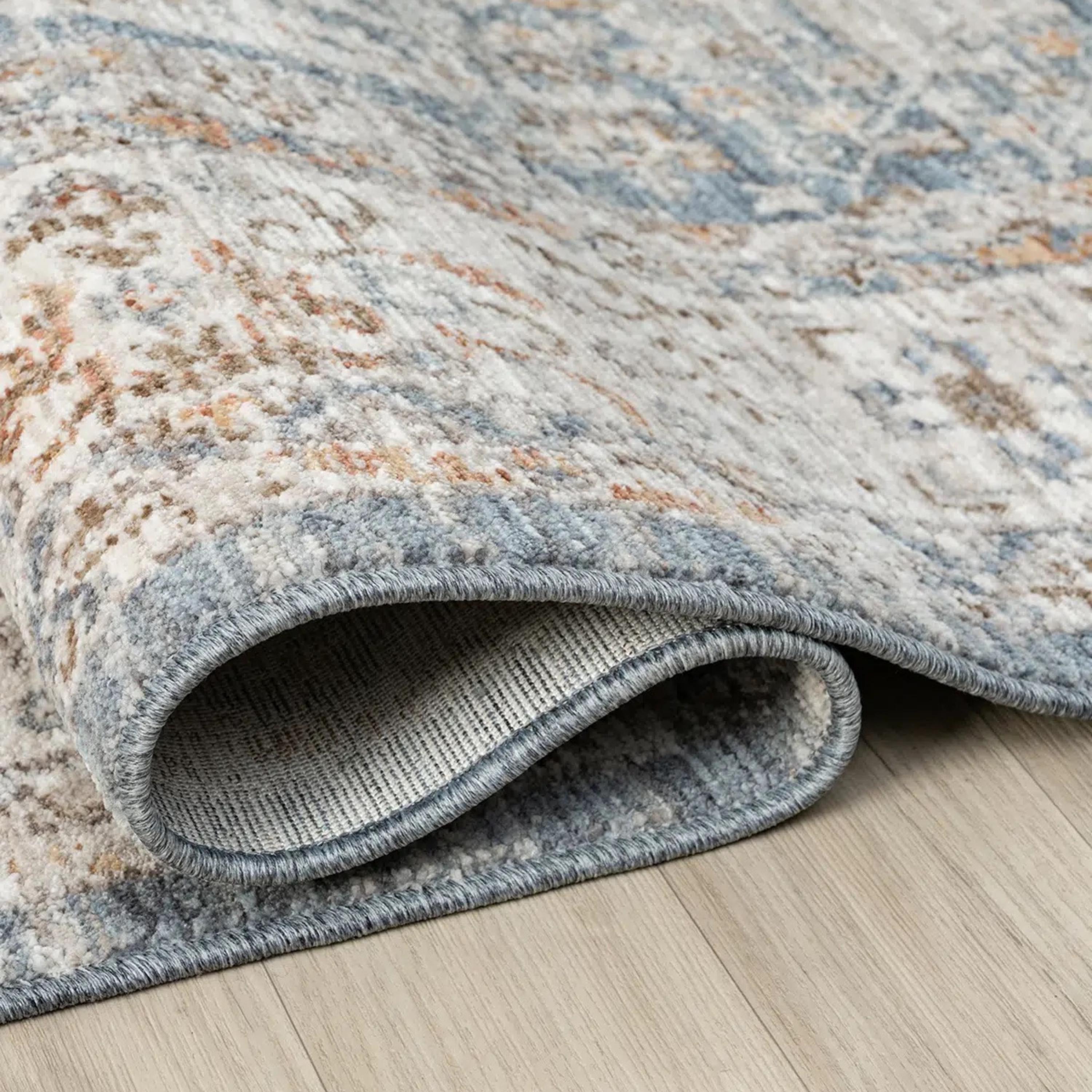 Distressed Oriental Area Rug, Blue Beige Vintage Style Living Room Carpet