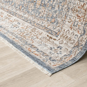 Distressed Oriental Area Rug, Blue Beige Vintage Style Living Room Carpet