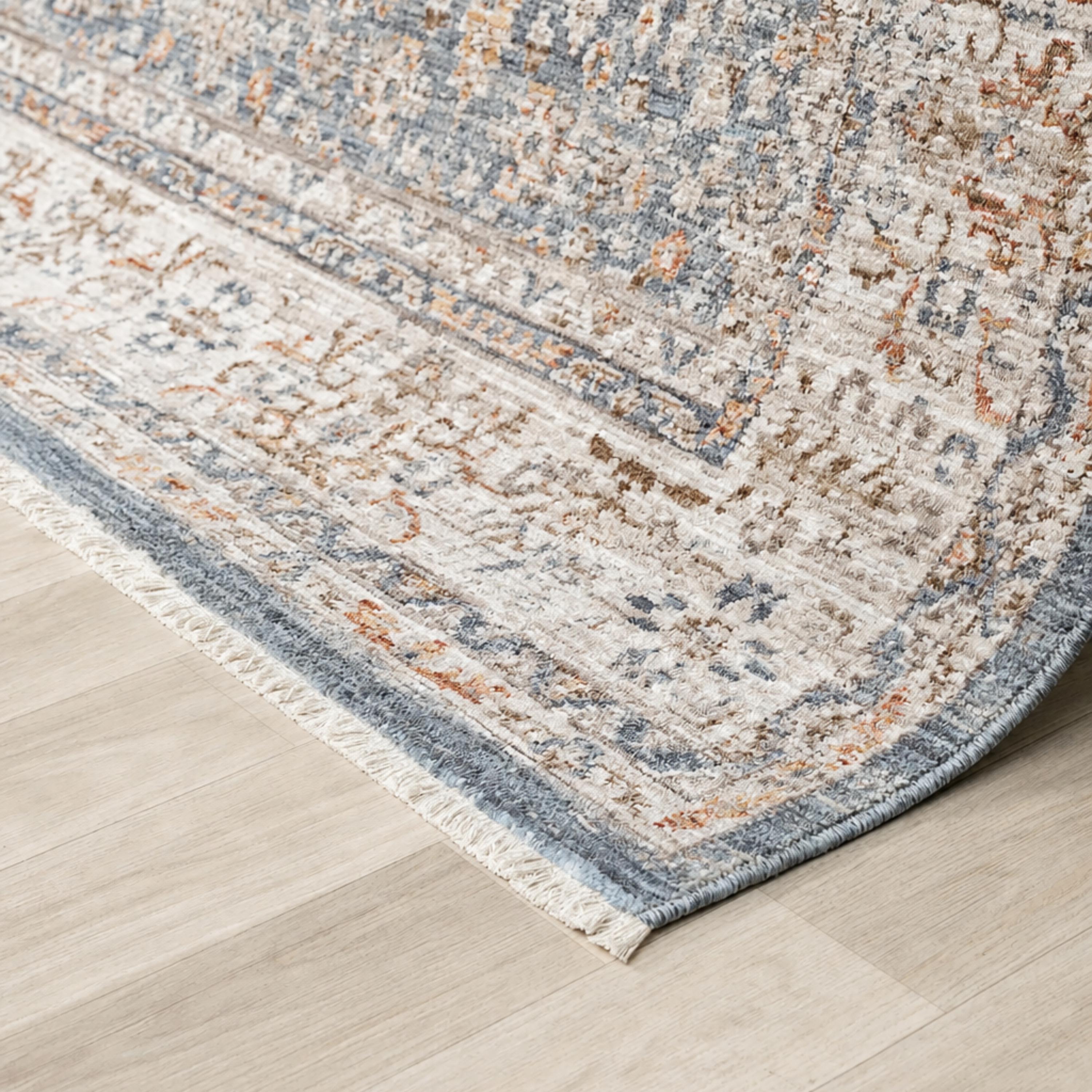 Distressed Oriental Area Rug, Blue Beige Vintage Style Living Room Carpet