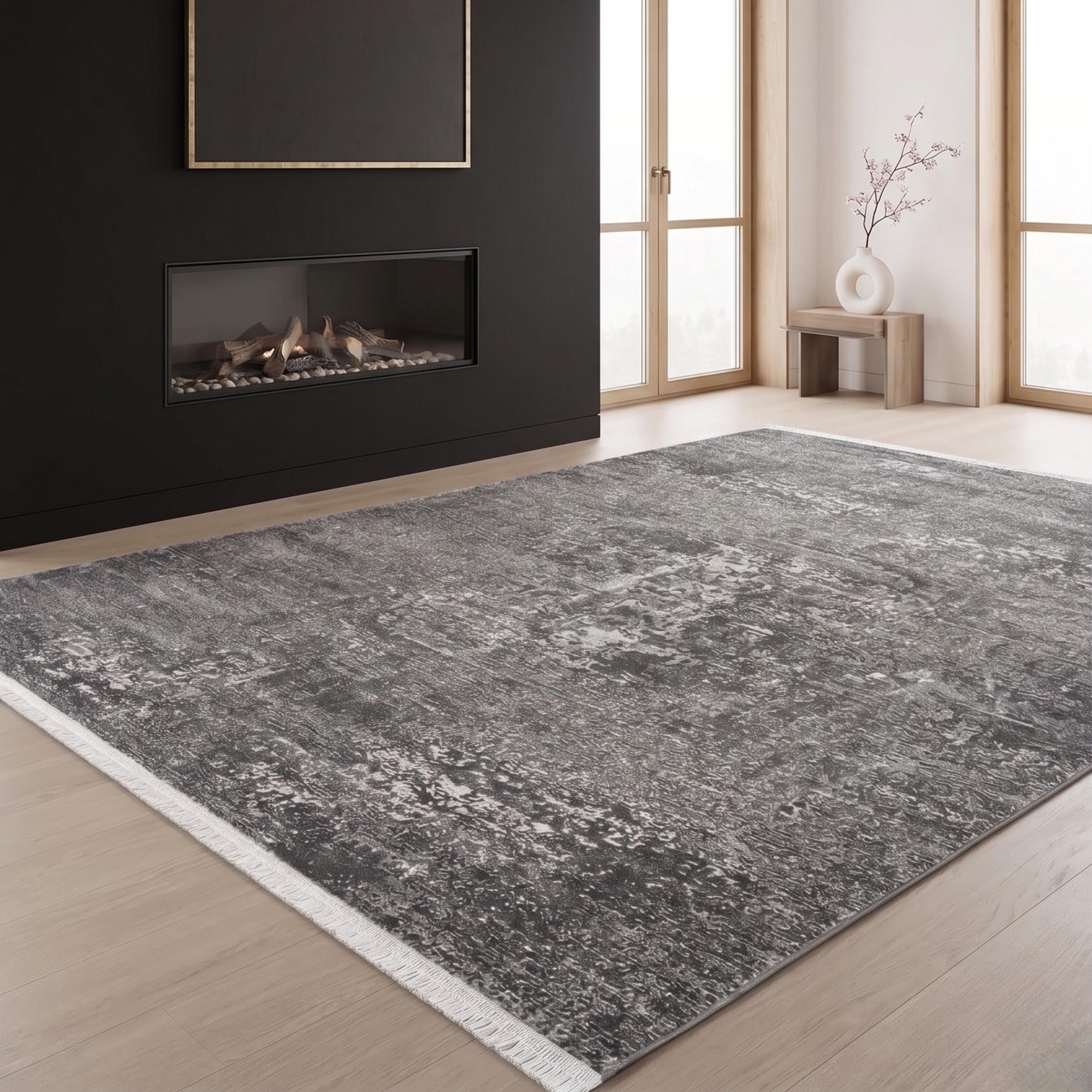 Charcoal Grey Distressed Abstract Area Rug, Modern Minimalist Floor Carpet