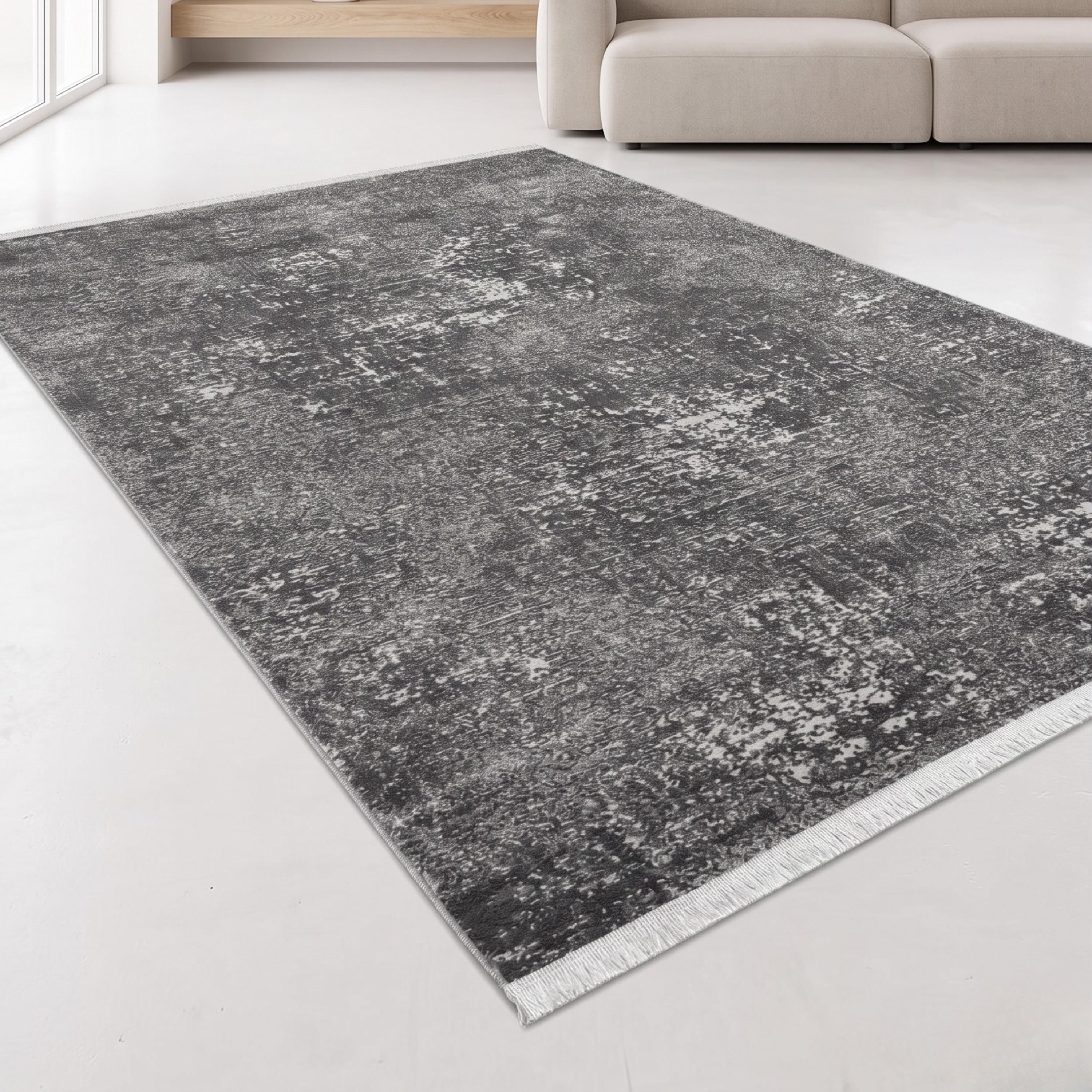 Charcoal Grey Distressed Abstract Area Rug, Modern Minimalist Floor Carpet