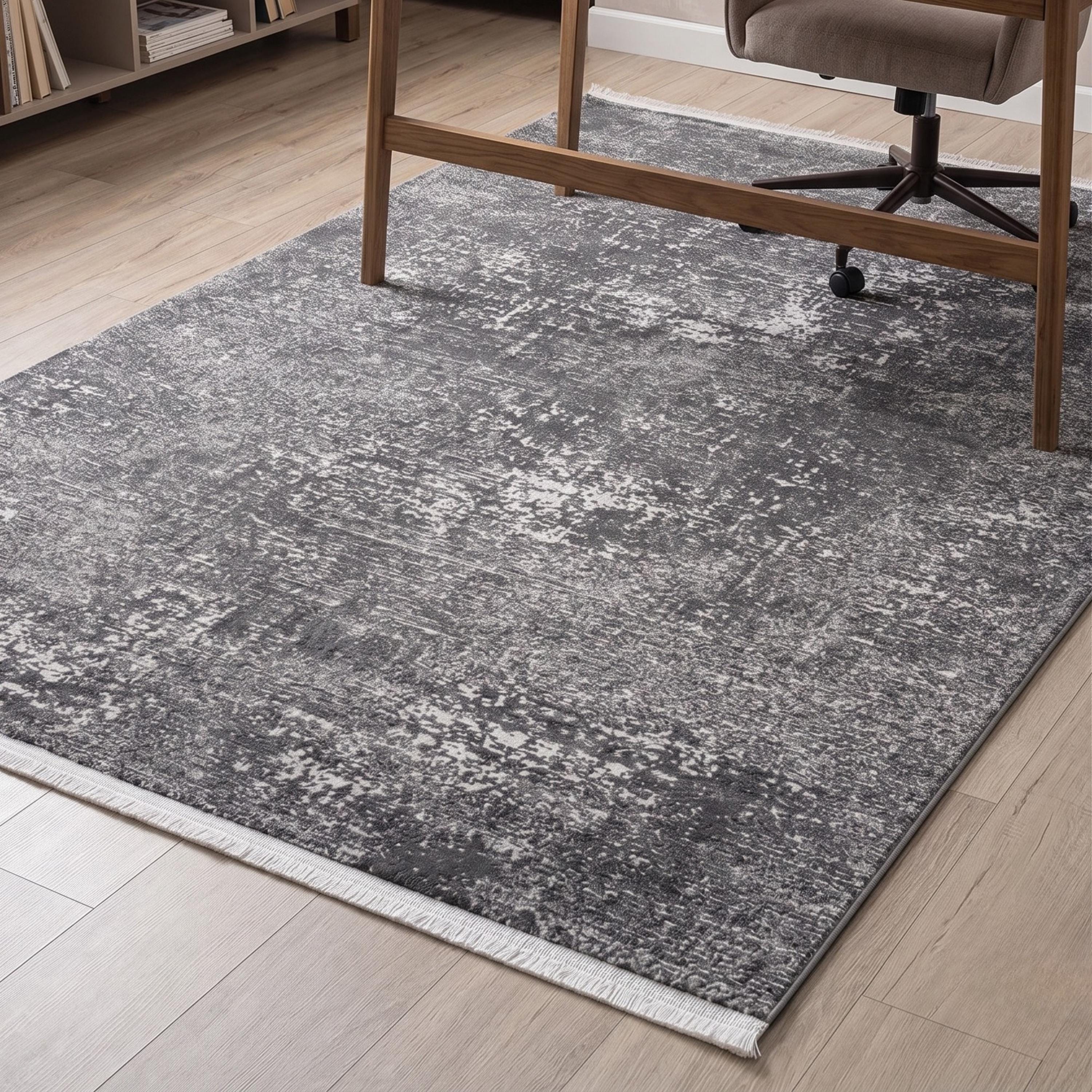 Charcoal Grey Distressed Abstract Area Rug, Modern Minimalist Floor Carpet