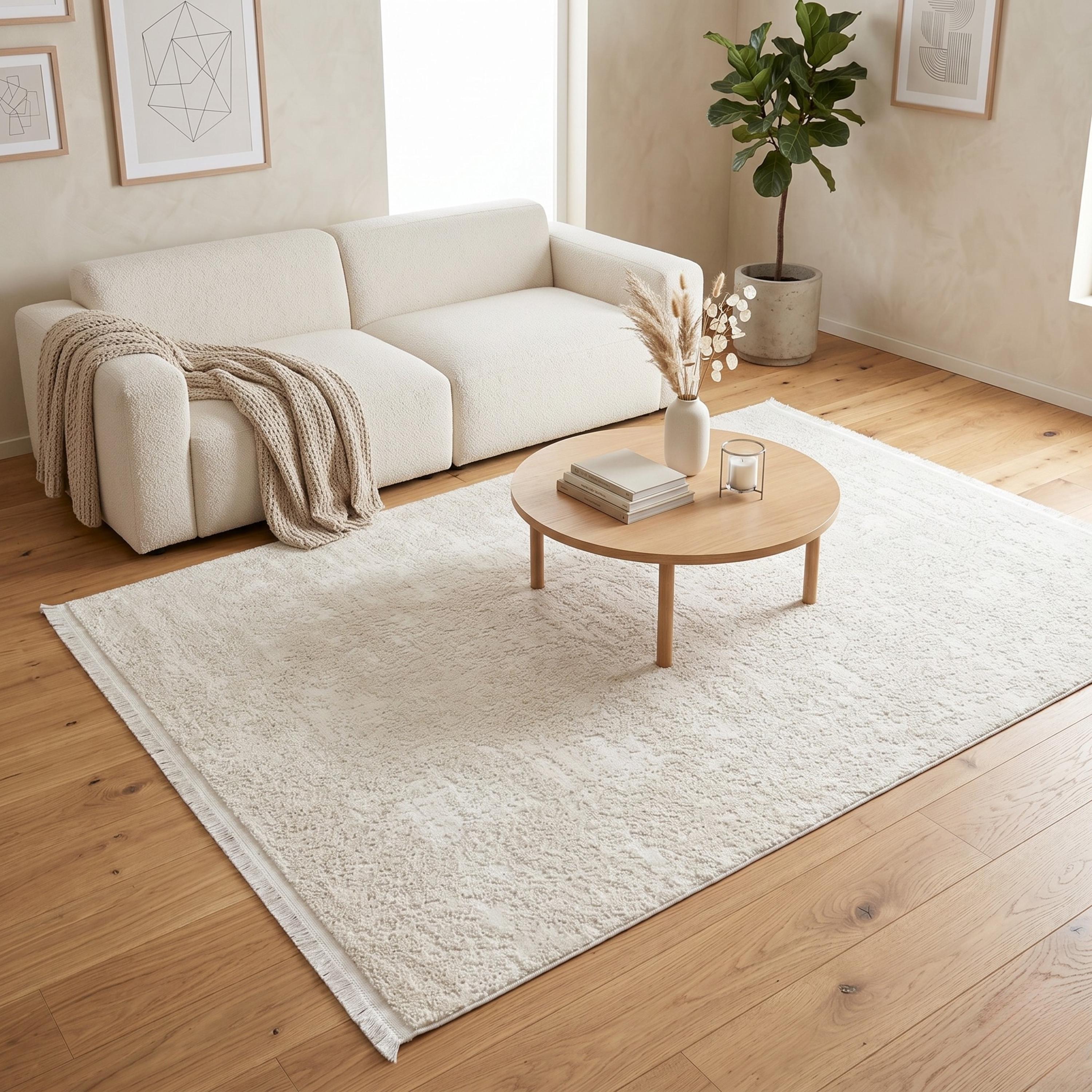 Ivory Textured Area Rug, Soft Scandinavian Living Room Carpet, Neutral Modern Floor Runner