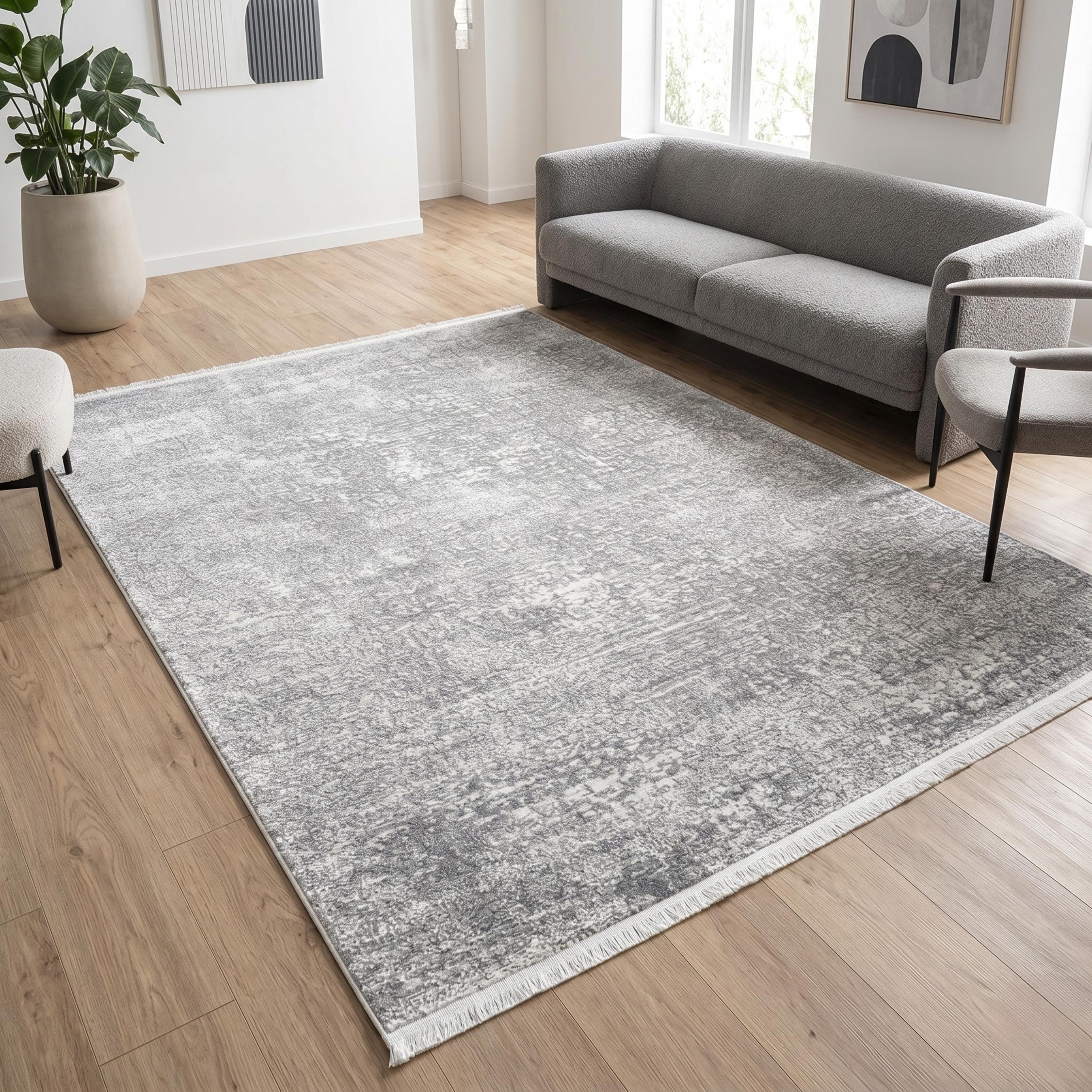 Distressed Abstract Area Rug, Light Grey Scandinavian Living Room Carpet
