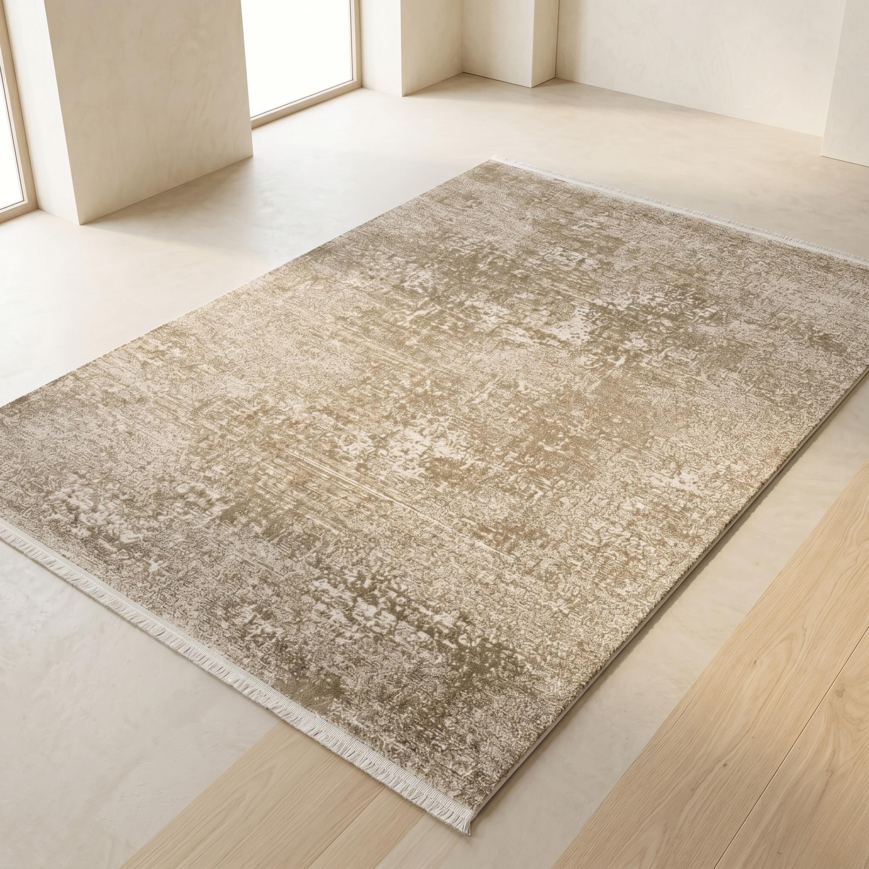 Distressed Abstract Area Rug, Taupe Beige Modern Scandinavian Carpet, Soft Living Room Floor Rug