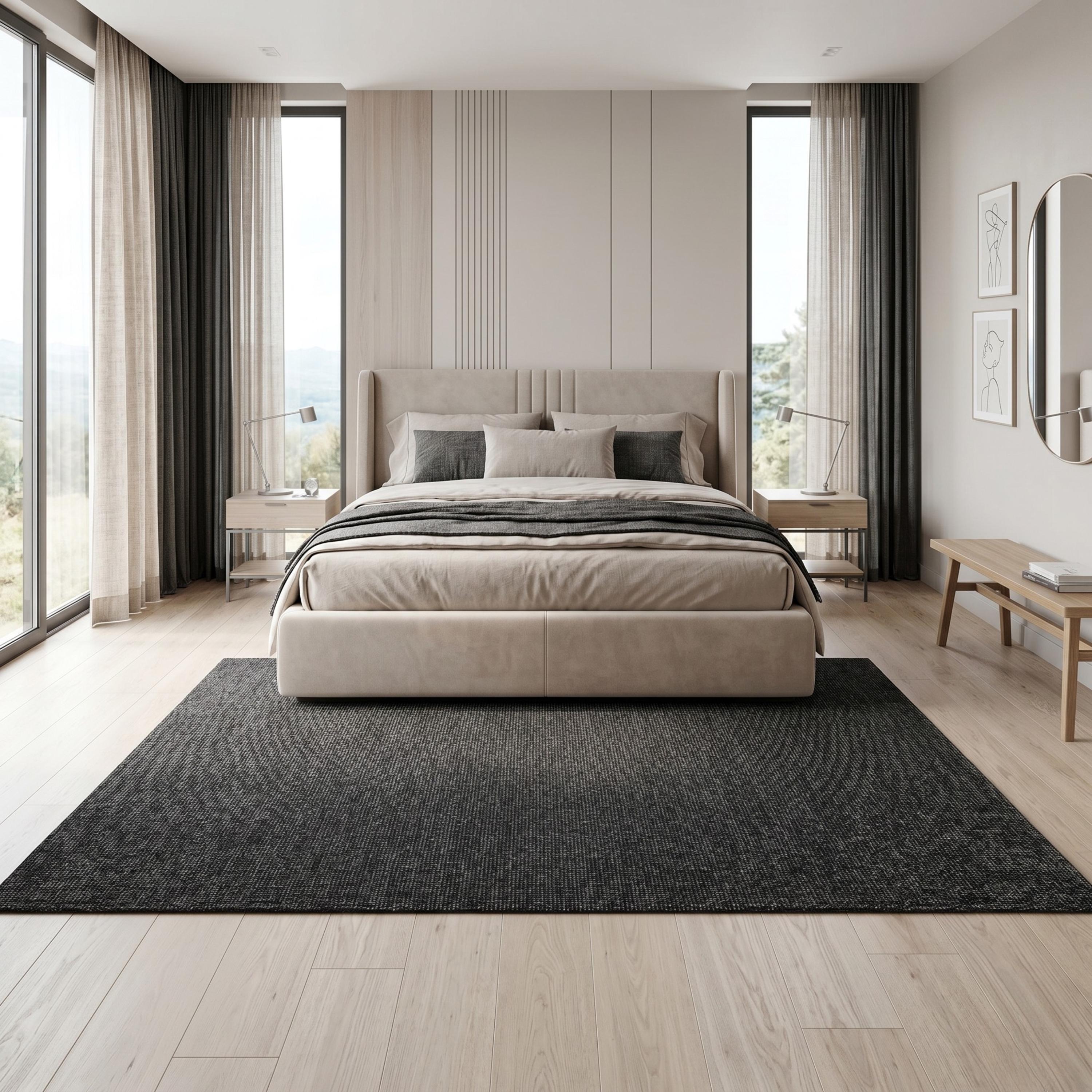 Woven Black Area Rug, Textured Charcoal Scandinavian Carpet, Modern Neutral Floor Runner