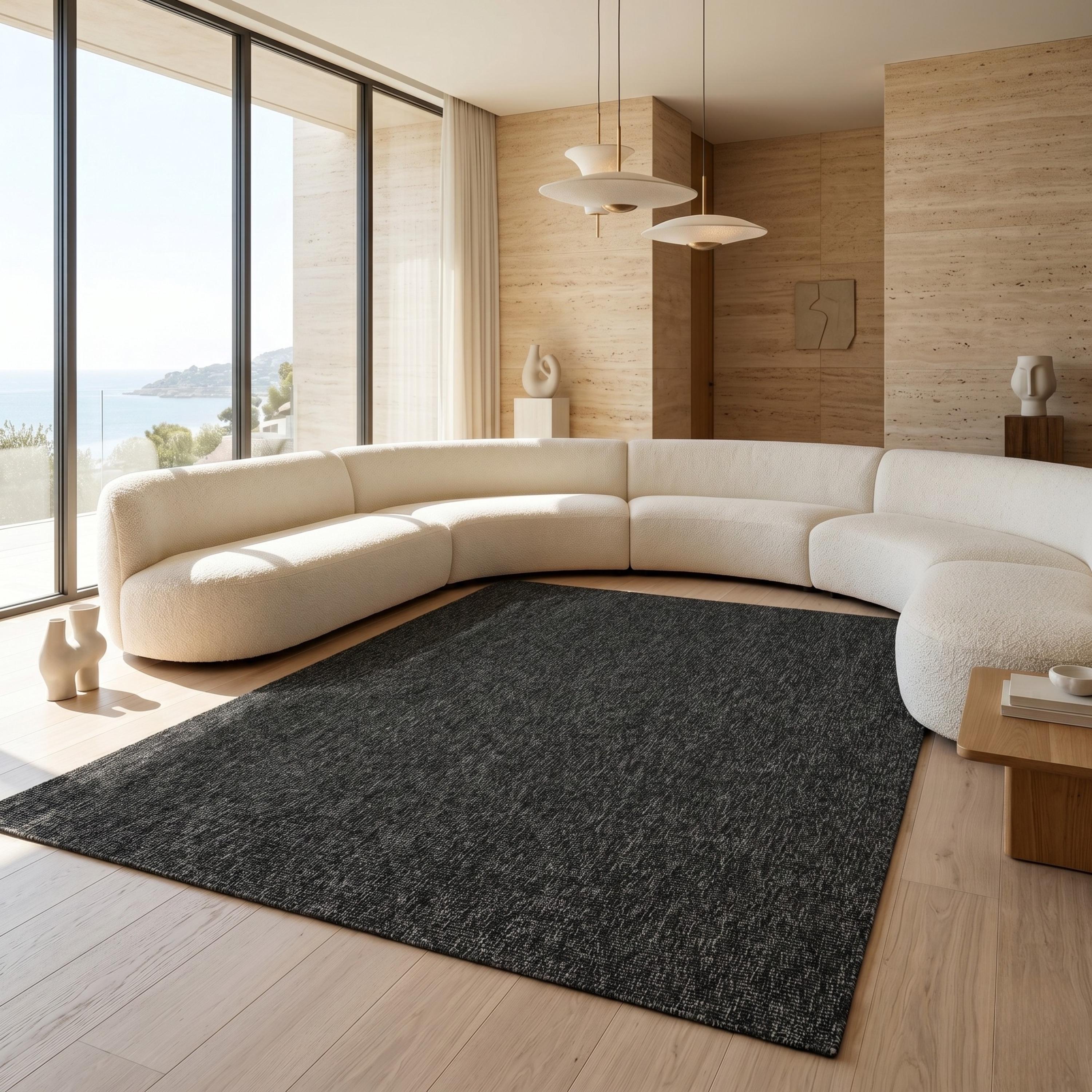 Woven Black Area Rug, Textured Charcoal Scandinavian Carpet, Modern Neutral Floor Runner