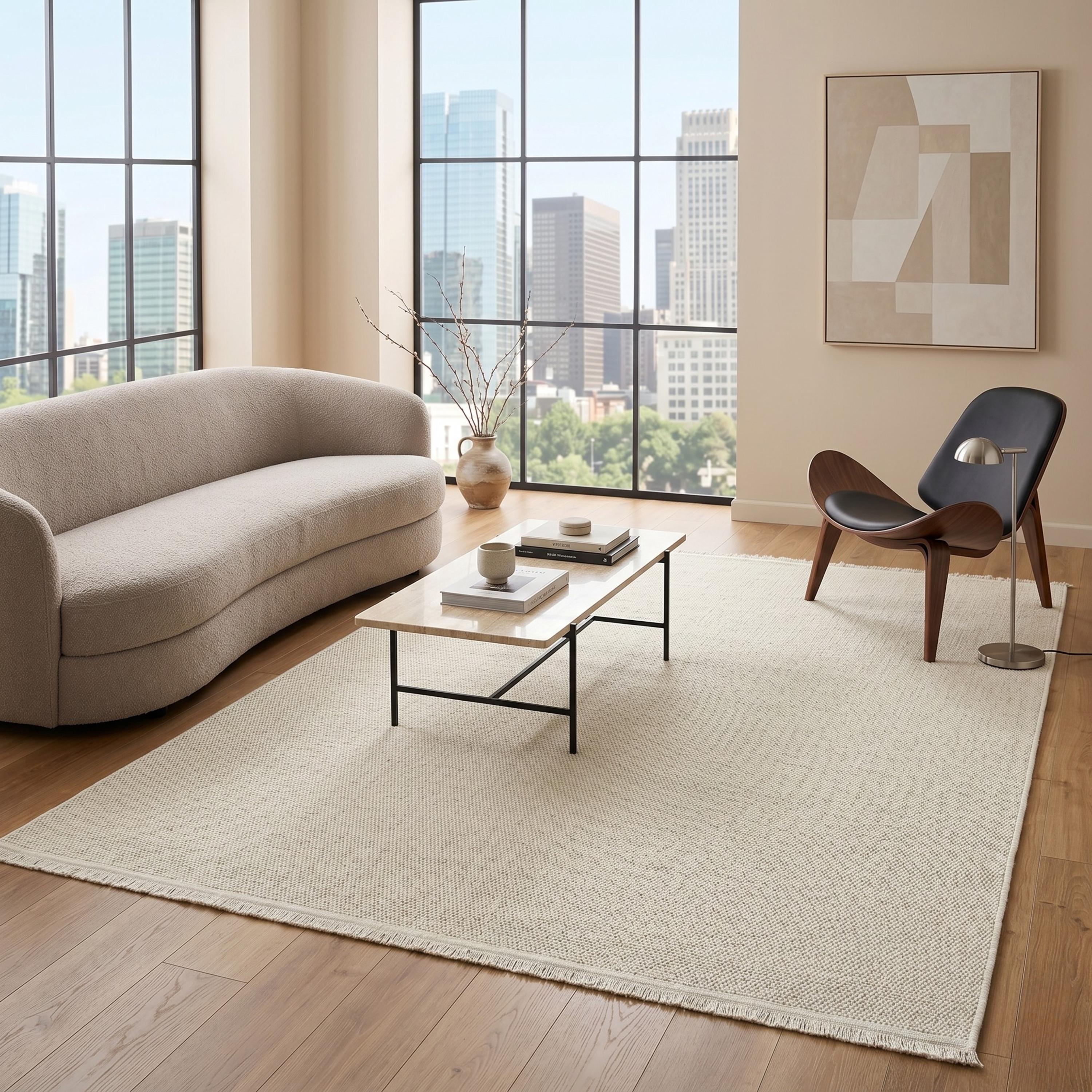 Ivory Woven Area Rug, Textured Minimalist Carpet, Scandinavian Flatweave Floor Rug