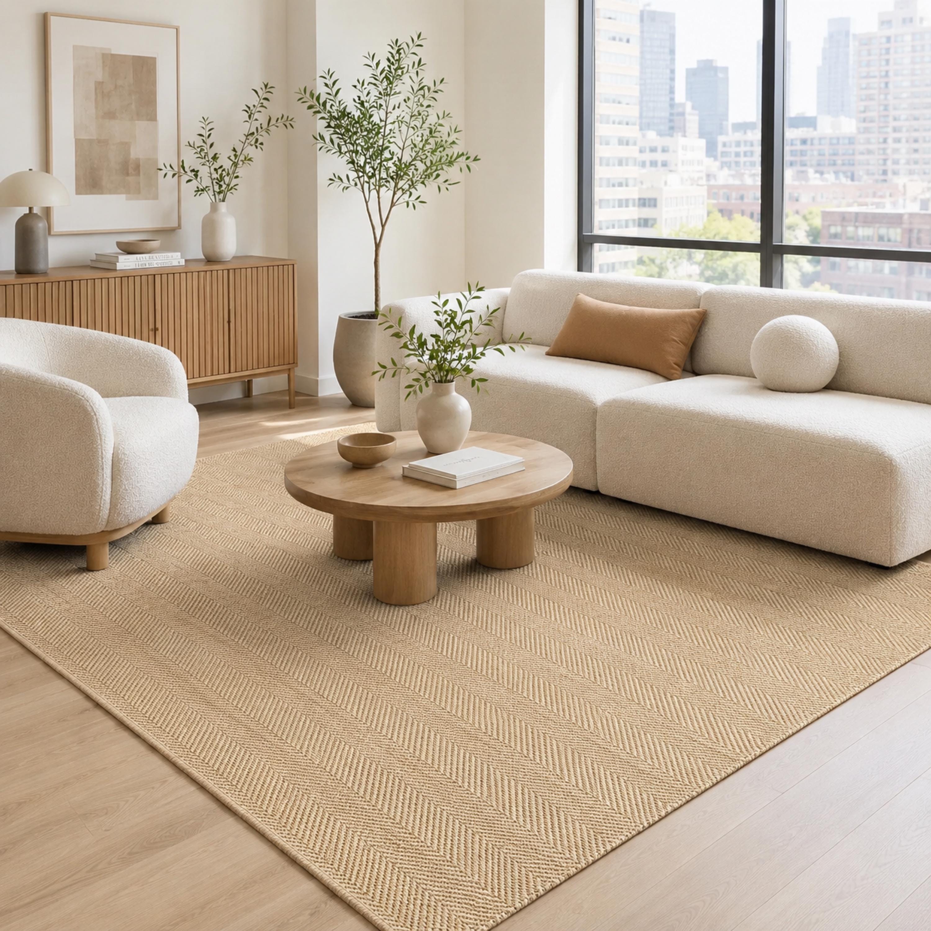 Natural Beige Woven Area Rug, Textured Jute Style, Boho Scandinavian Living Room Carpet