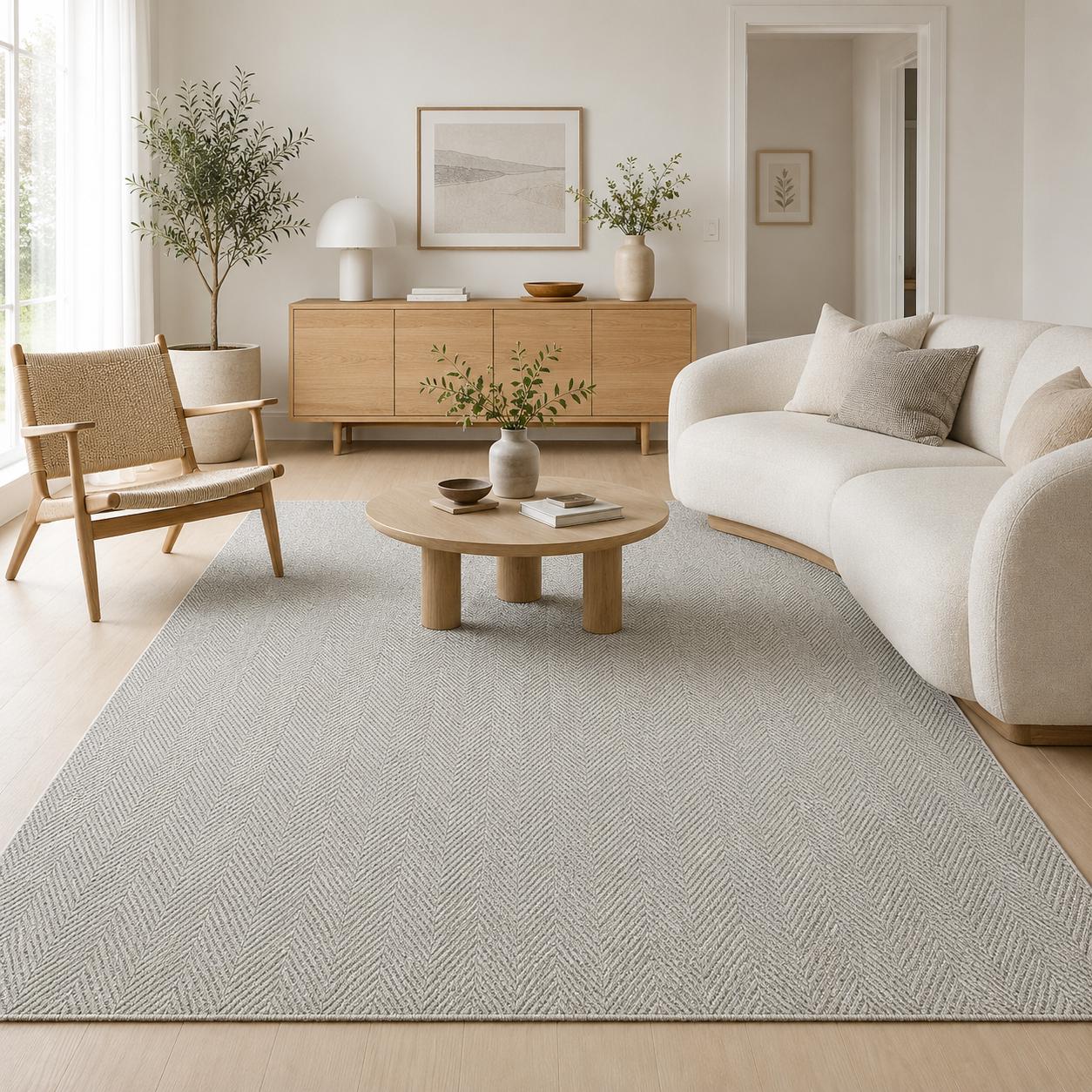 Textured Grey Woven Area Rug, Scandinavian Japandi Living Room Carpet