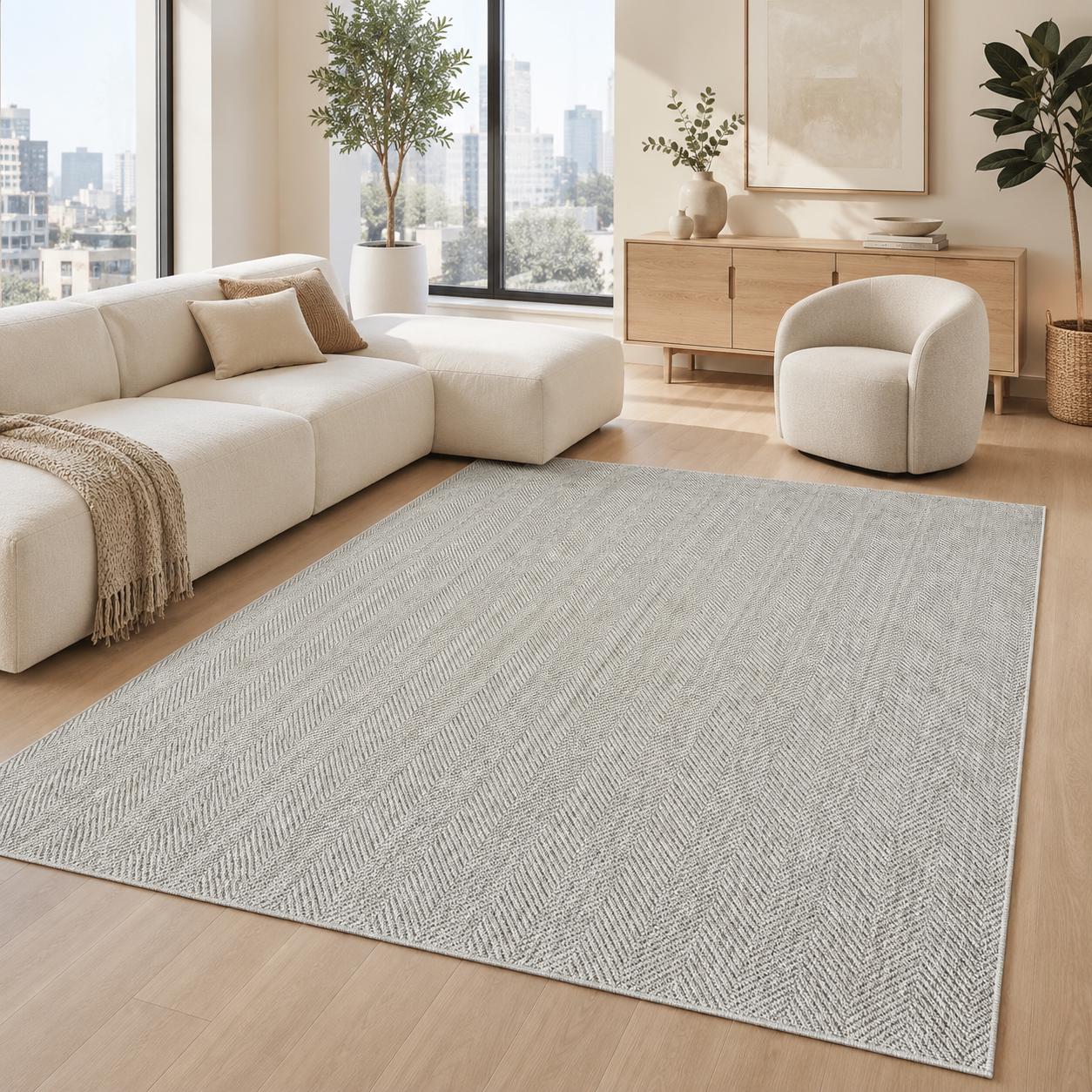 Textured Grey Woven Area Rug, Scandinavian Japandi Living Room Carpet