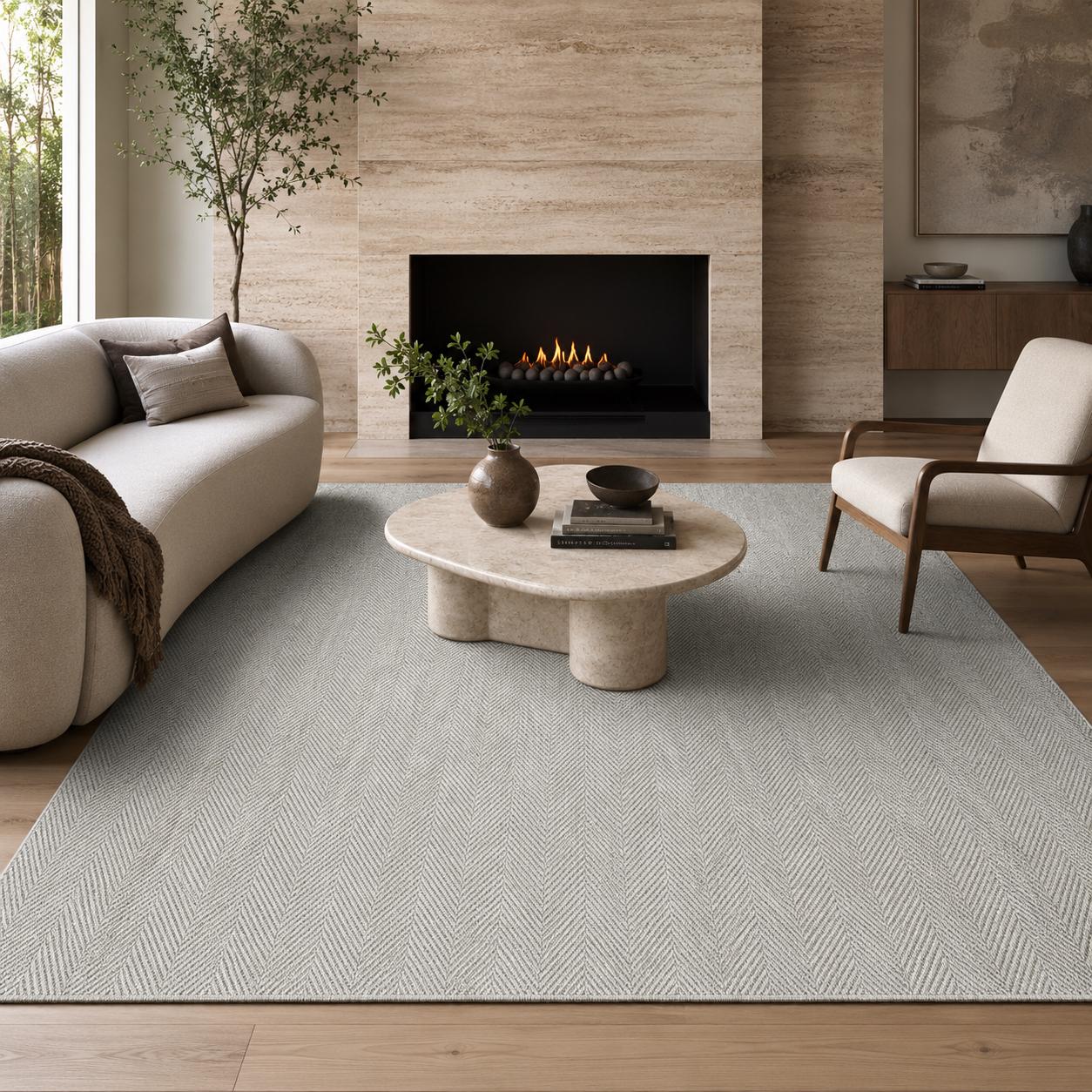 Textured Grey Woven Area Rug, Scandinavian Japandi Living Room Carpet