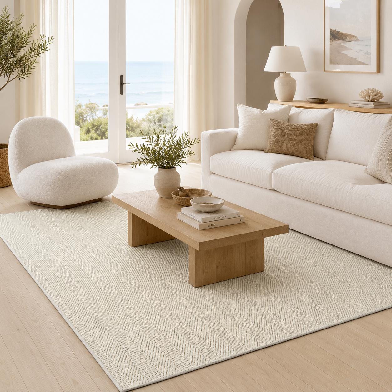 Cream Textured Woven Area Rug, Scandinavian Japandi Living Room